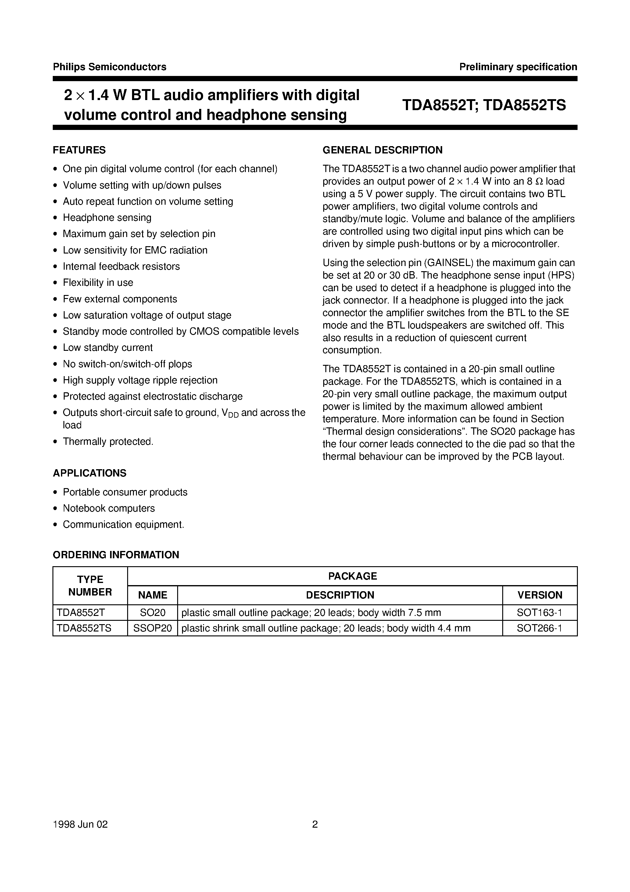 Datasheet TDA8552TS - 2 x 1.4 W BTL audio amplifiers with digital volume control and headphone sensing page 2