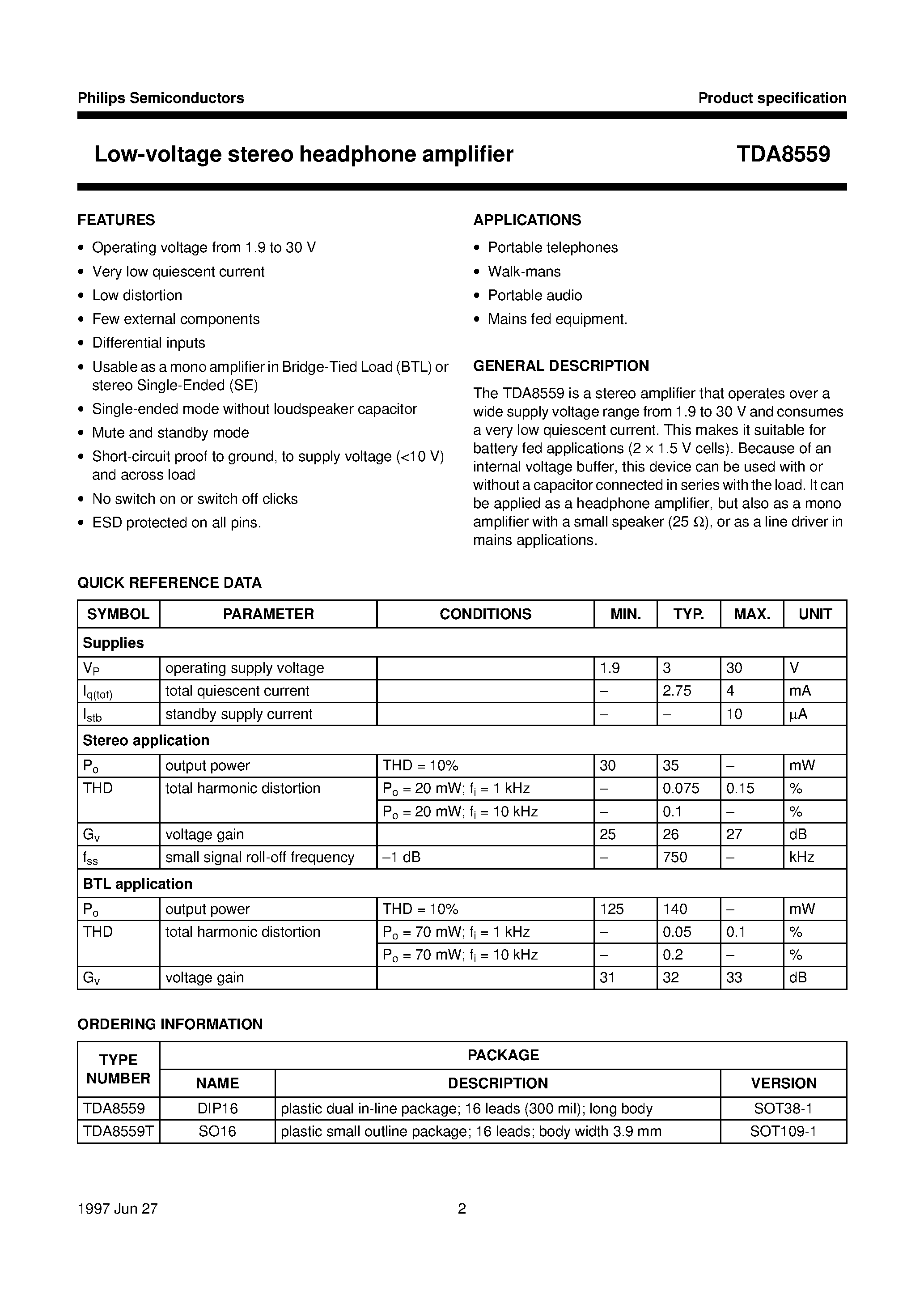 Даташит TDA8559T - Low-voltage stereo headphone amplifier страница 2