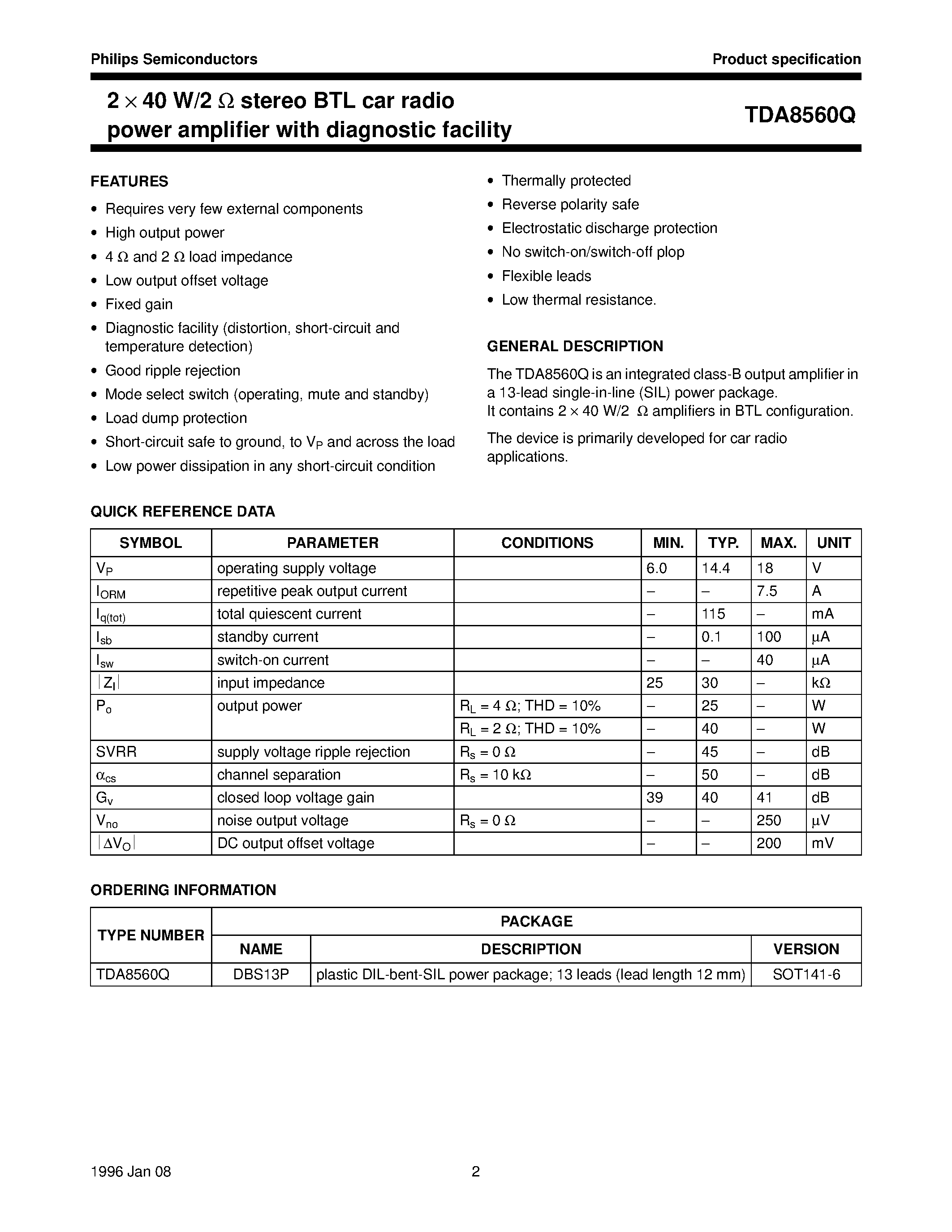 Даташит на микросхему TDA8560Q страница 2 Даташит TDA8560Q - 2 x 40 W/2 ohm stereo BTL car radio power amplifier with diagnostic facility страница 2