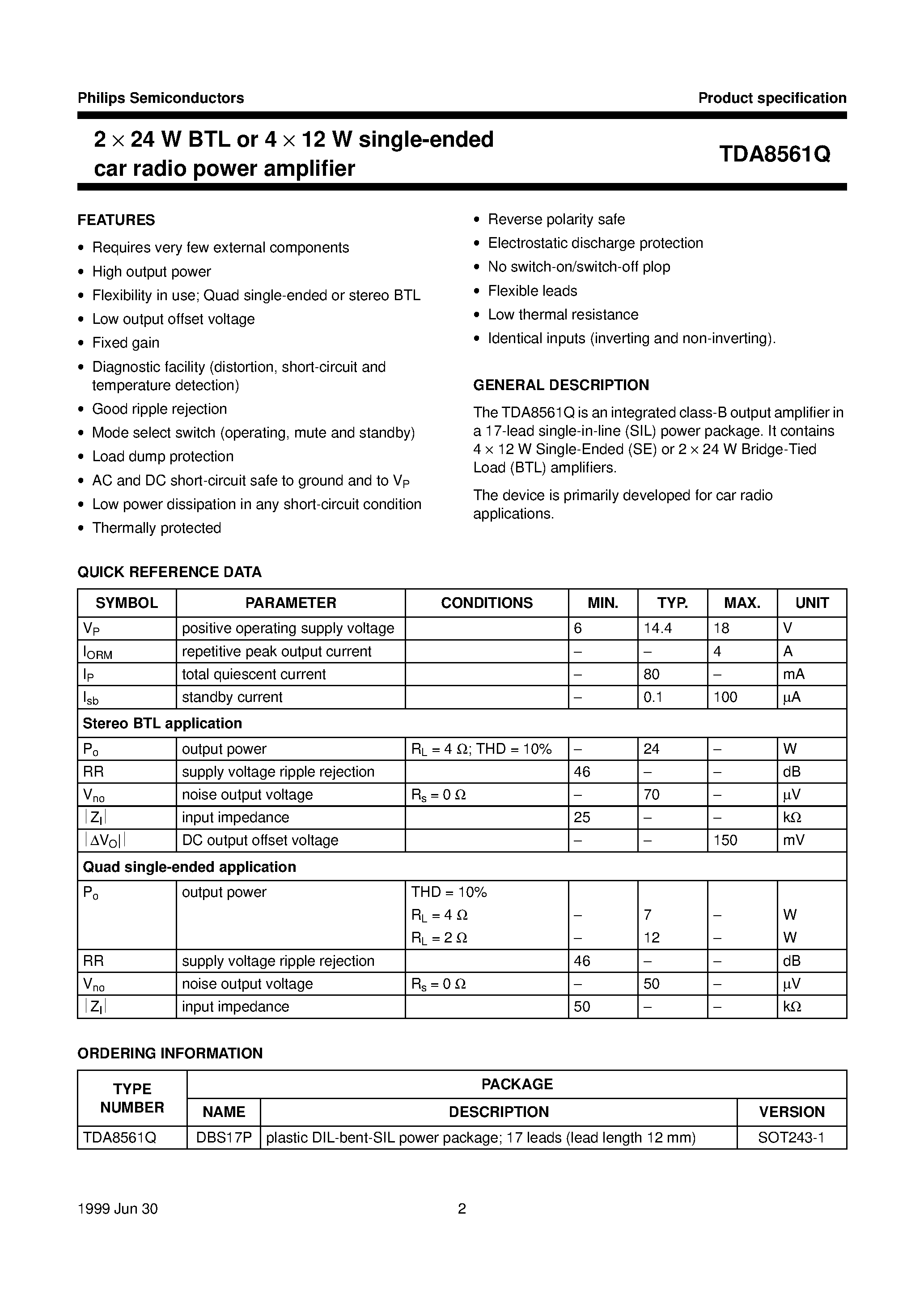 Datasheet TDA8561 - 2 x 24 W BTL or 4 x 12 W single-ended car radio power amplifier page 2