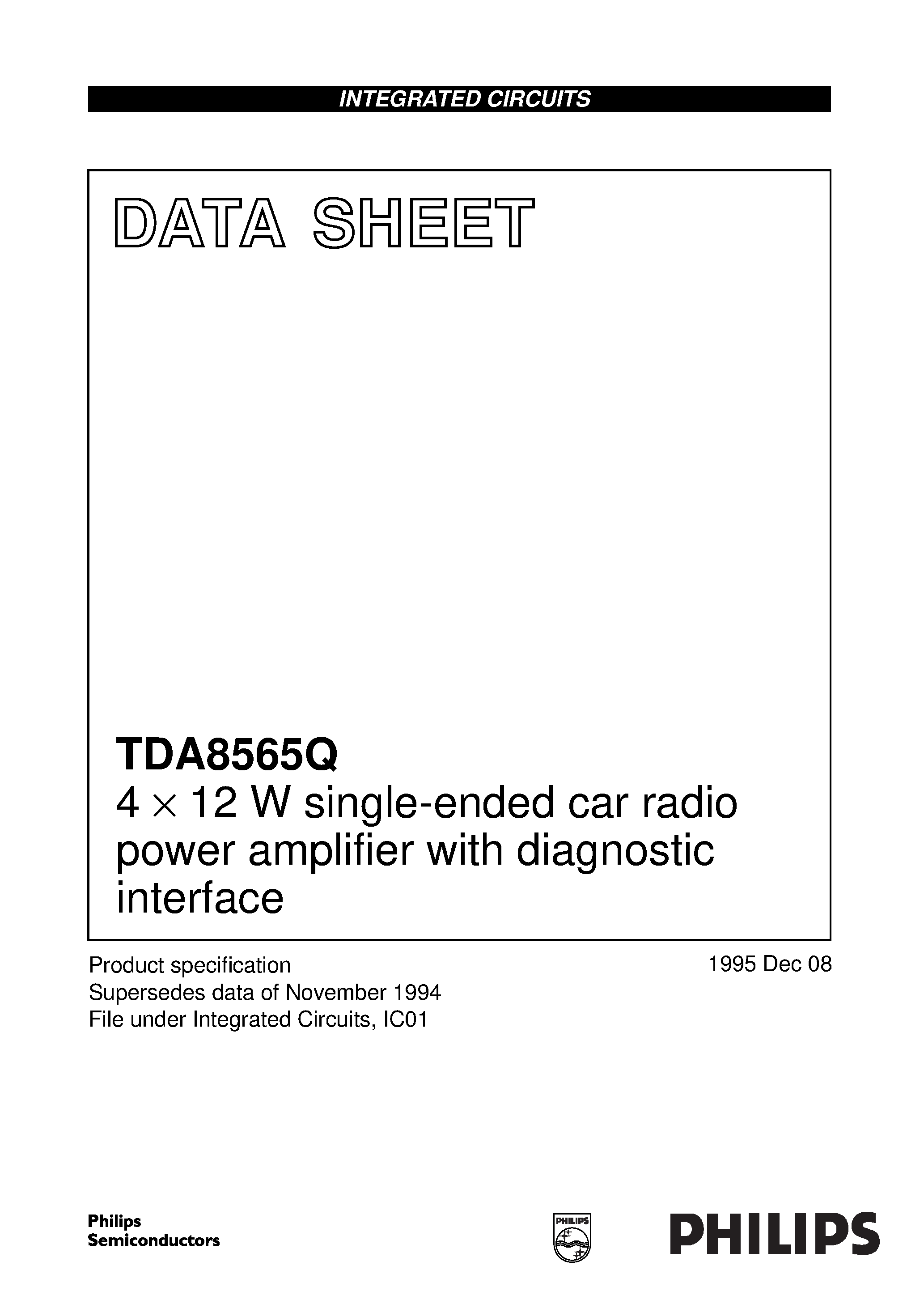 Datasheet TDA8565Q - 4 x 12 W single-ended car radio power amplifier with diagnostic interface page 1