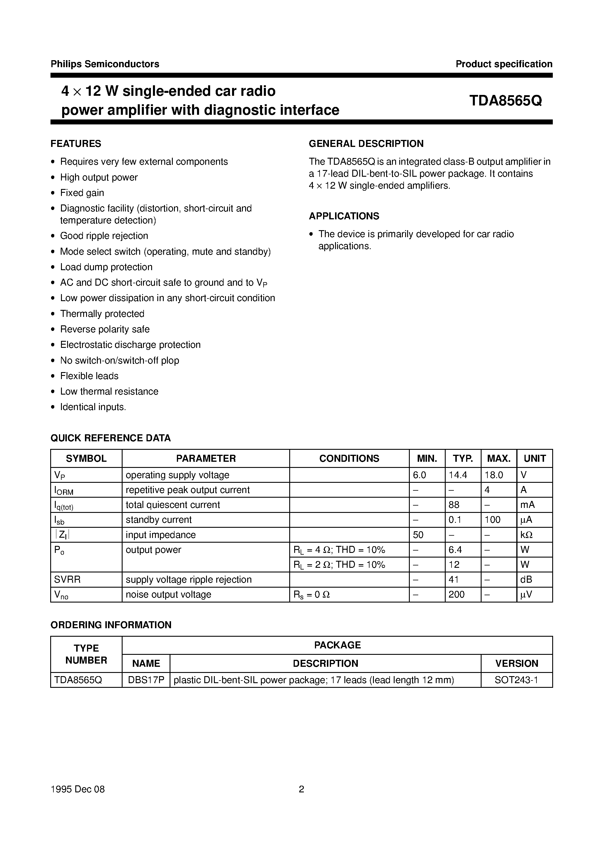 Datasheet TDA8565Q - 4 x 12 W single-ended car radio power amplifier with diagnostic interface page 2