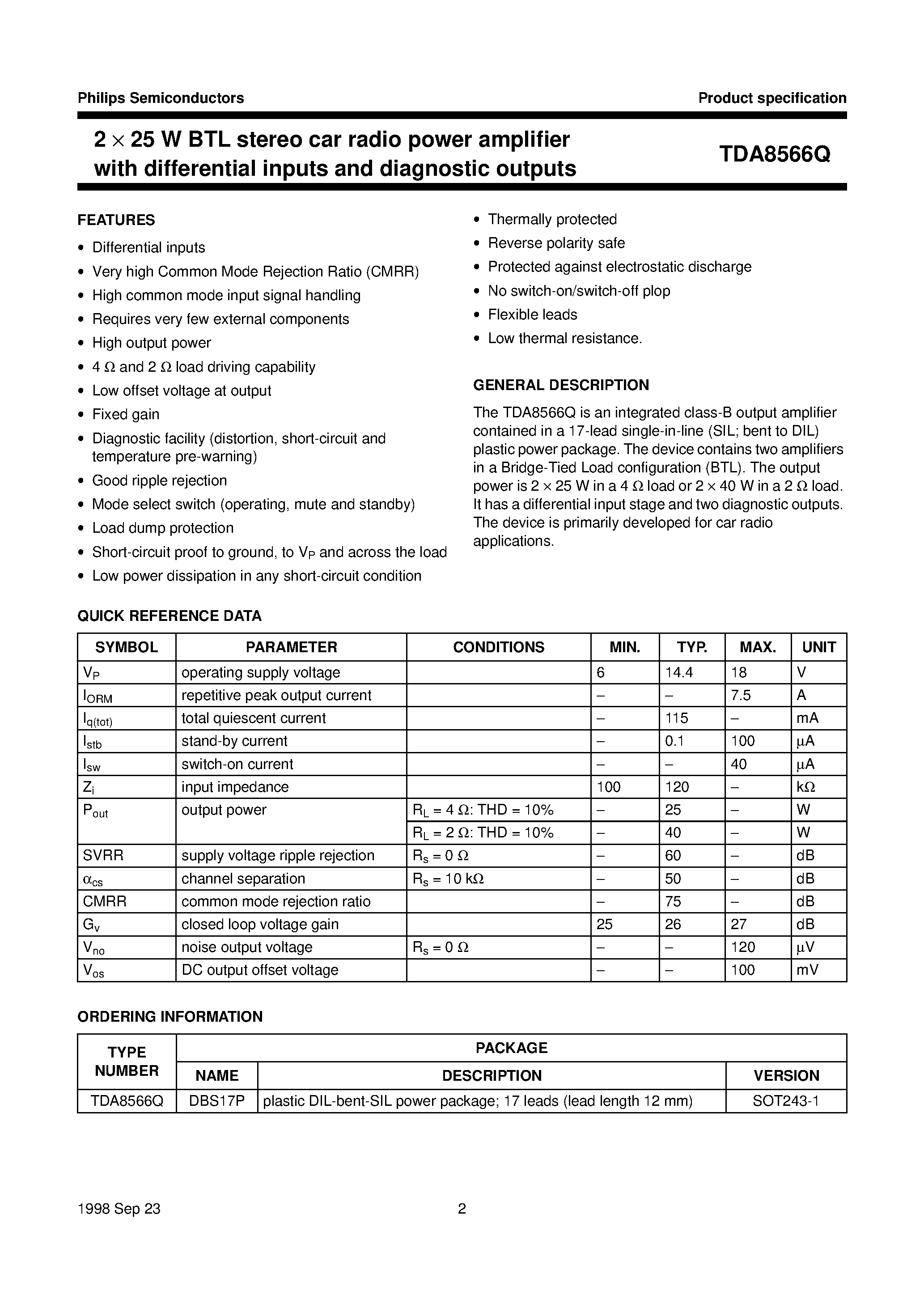 Даташит на микросхему TDA8566Q страница 2 Даташит TDA8566Q - 2 x 25 W BTL stereo car radio power amplifier with differential inputs and diagnostic outputs страница 2