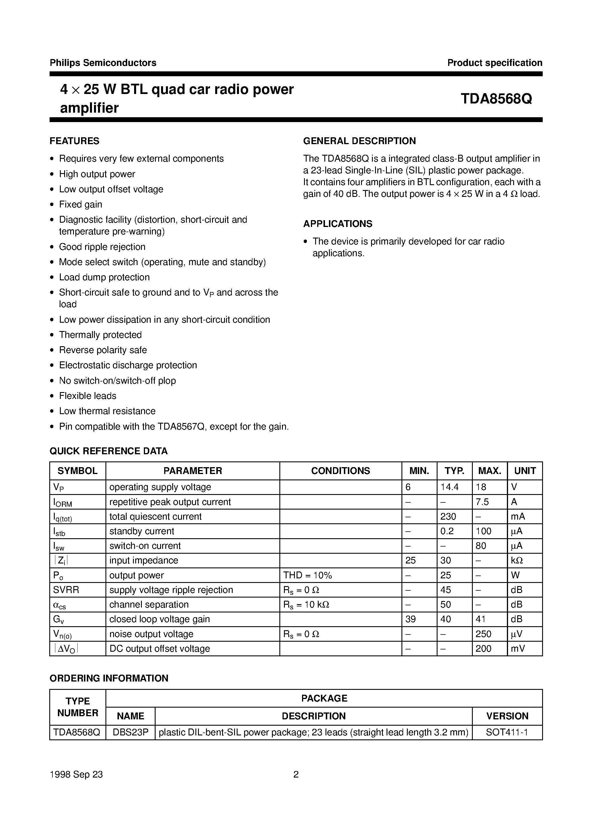 Datasheet TDA8568Q - 4 x 25 W BTL quad car radio power amplifier page 2