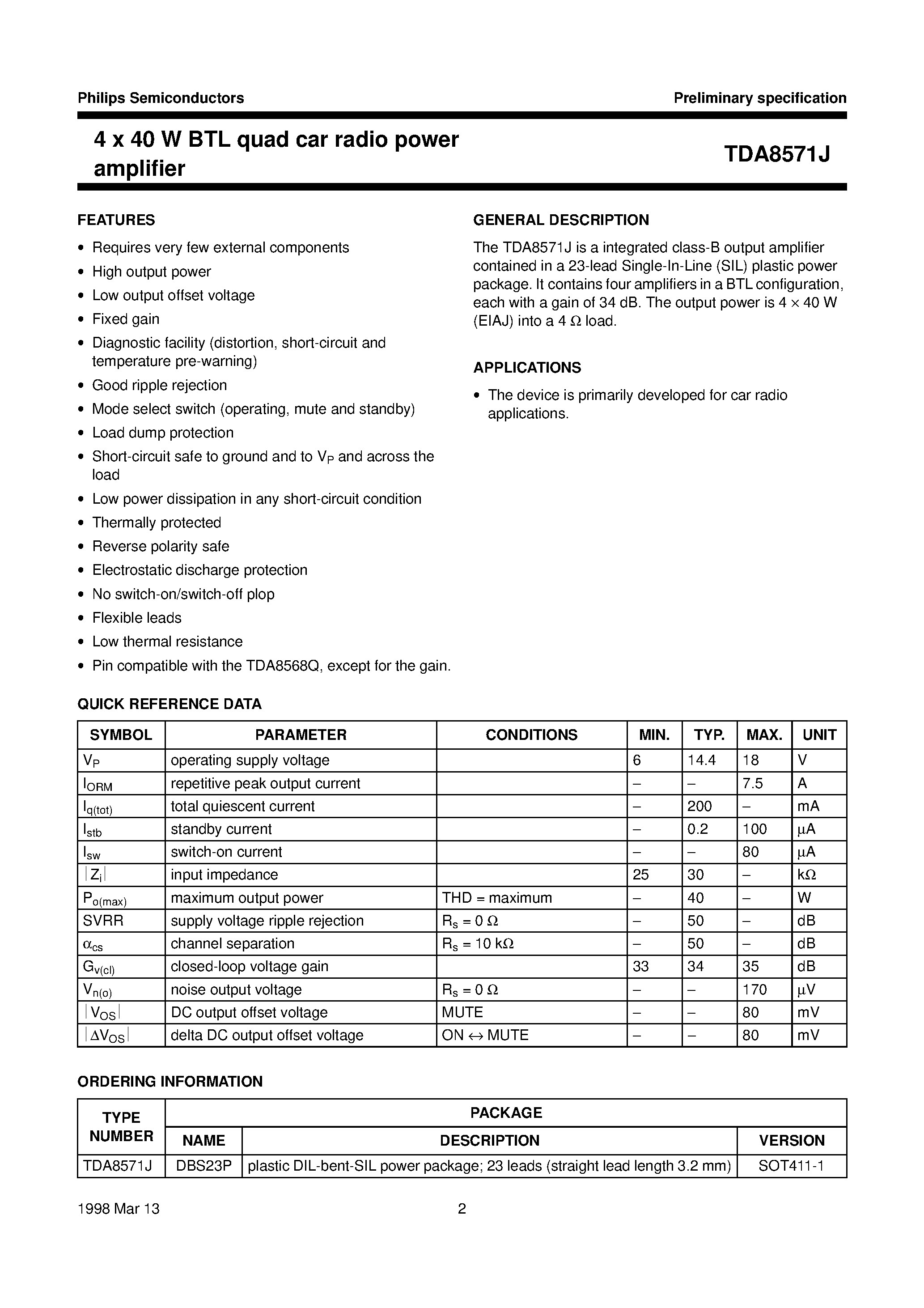 Datasheet TDA8571J - 4 x 40 W BTL quad car radio power amplifier page 2