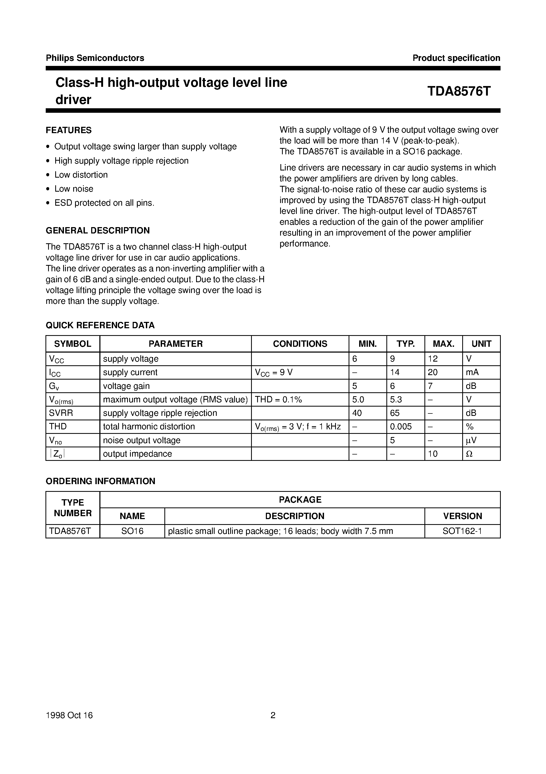 Даташит TDA8576T - Class-H high-output voltage level line driver страница 2
