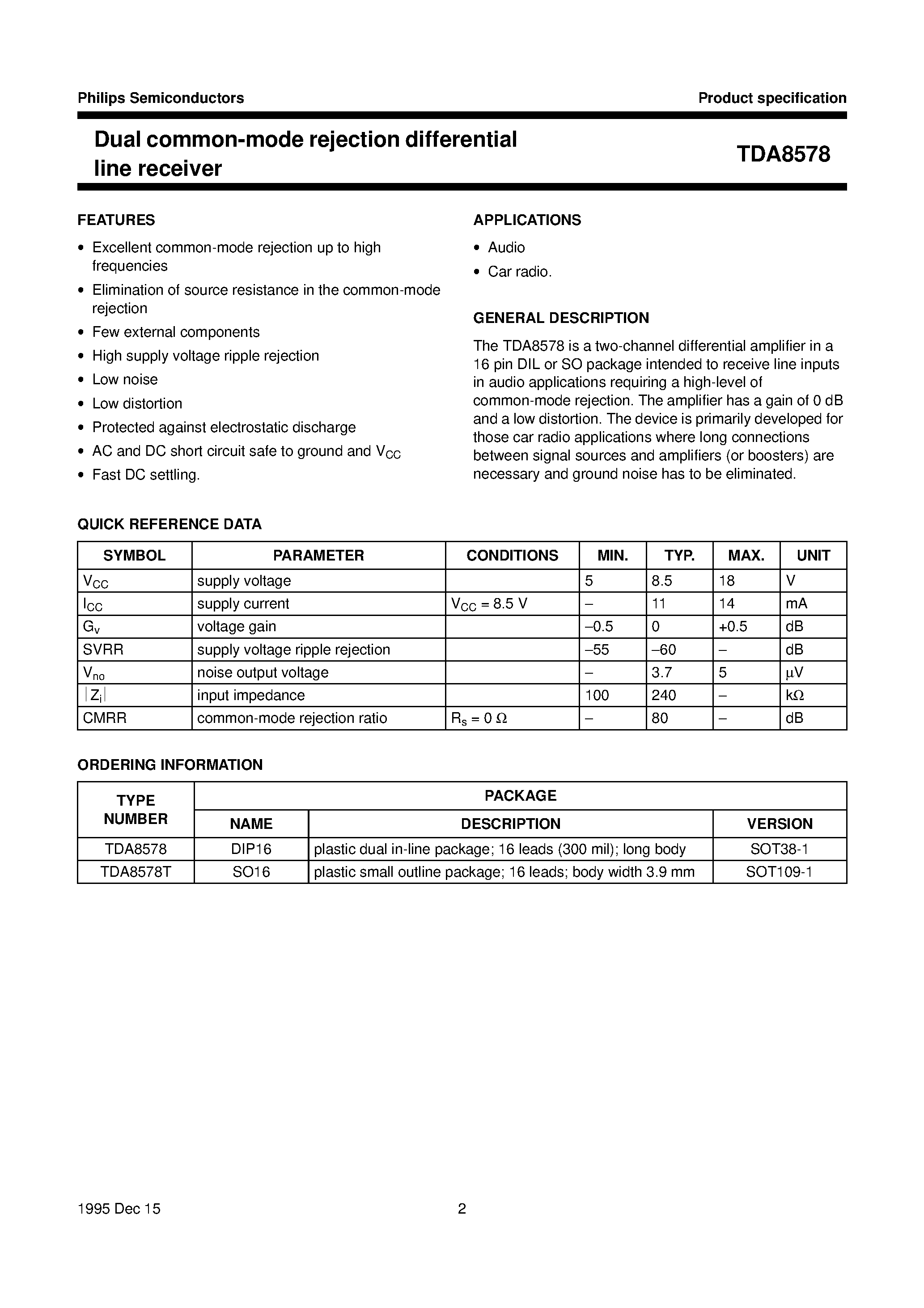 Даташит TDA8578 - Dual common-mode rejection differential line receiver страница 2