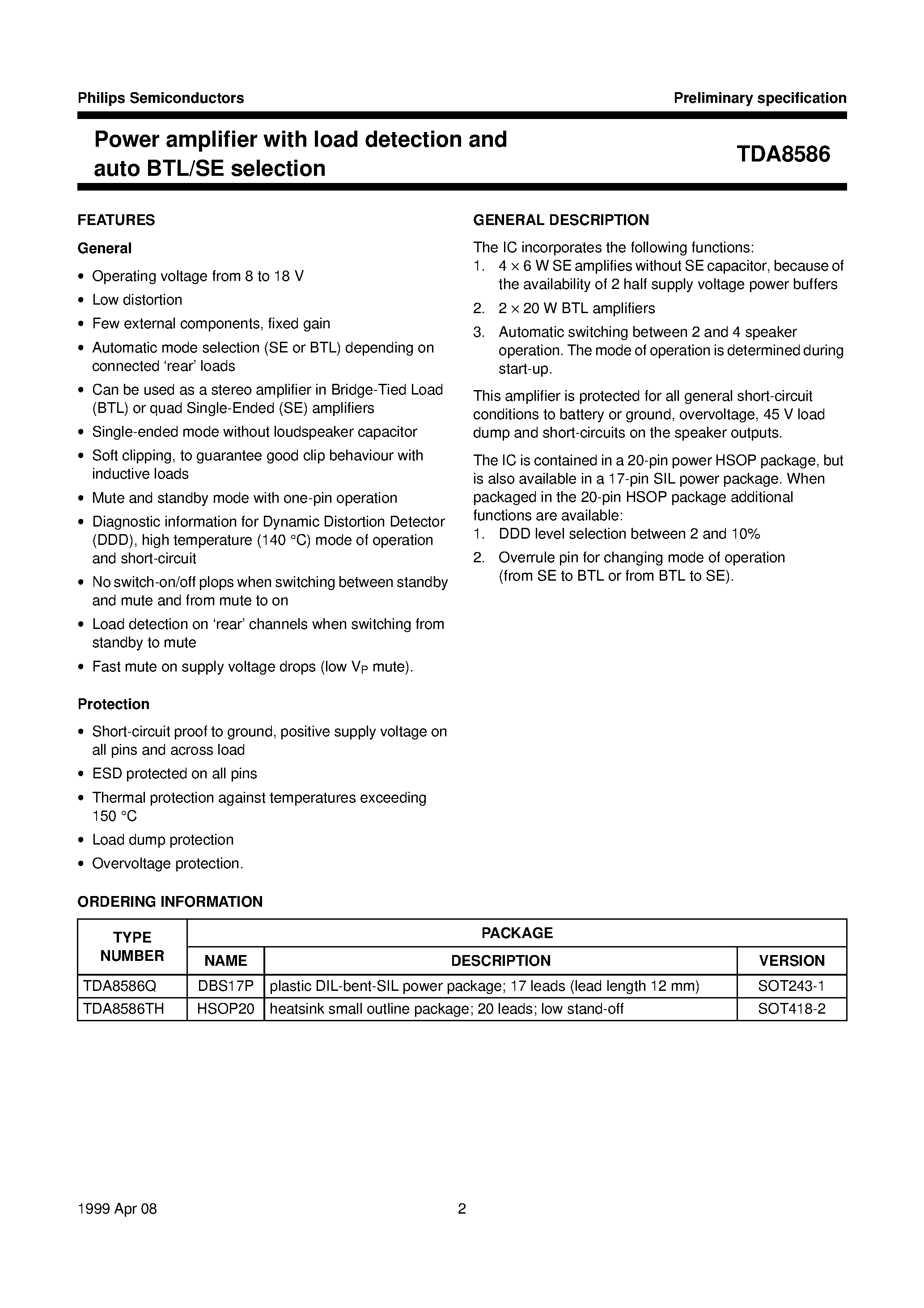 Datasheet TDA8586TH - Power amplifier with load detection and auto BTL/SE selection page 2