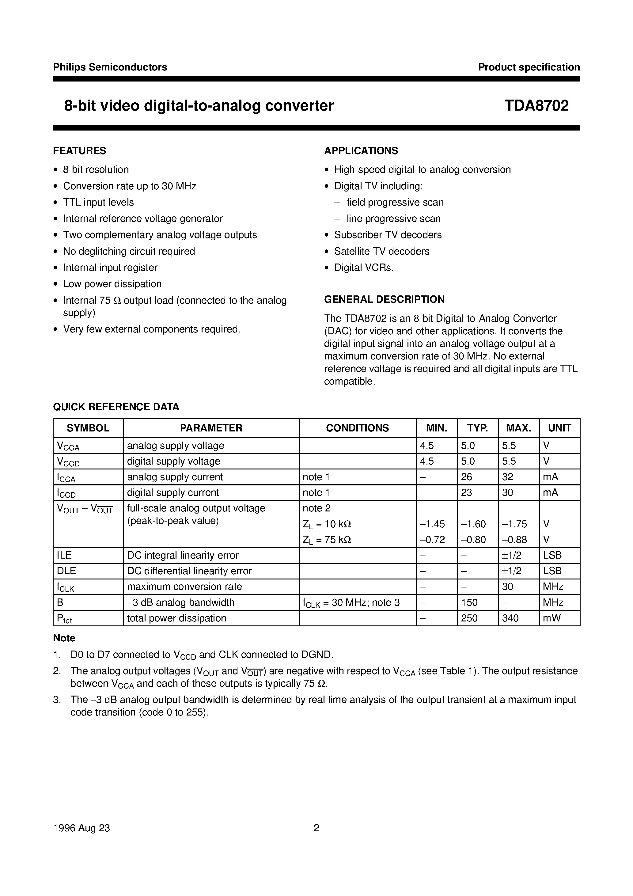 Даташит на микросхему TDA8702 страница 2 Даташит TDA8702 - 8-bit video digital-to-analog converter страница 2