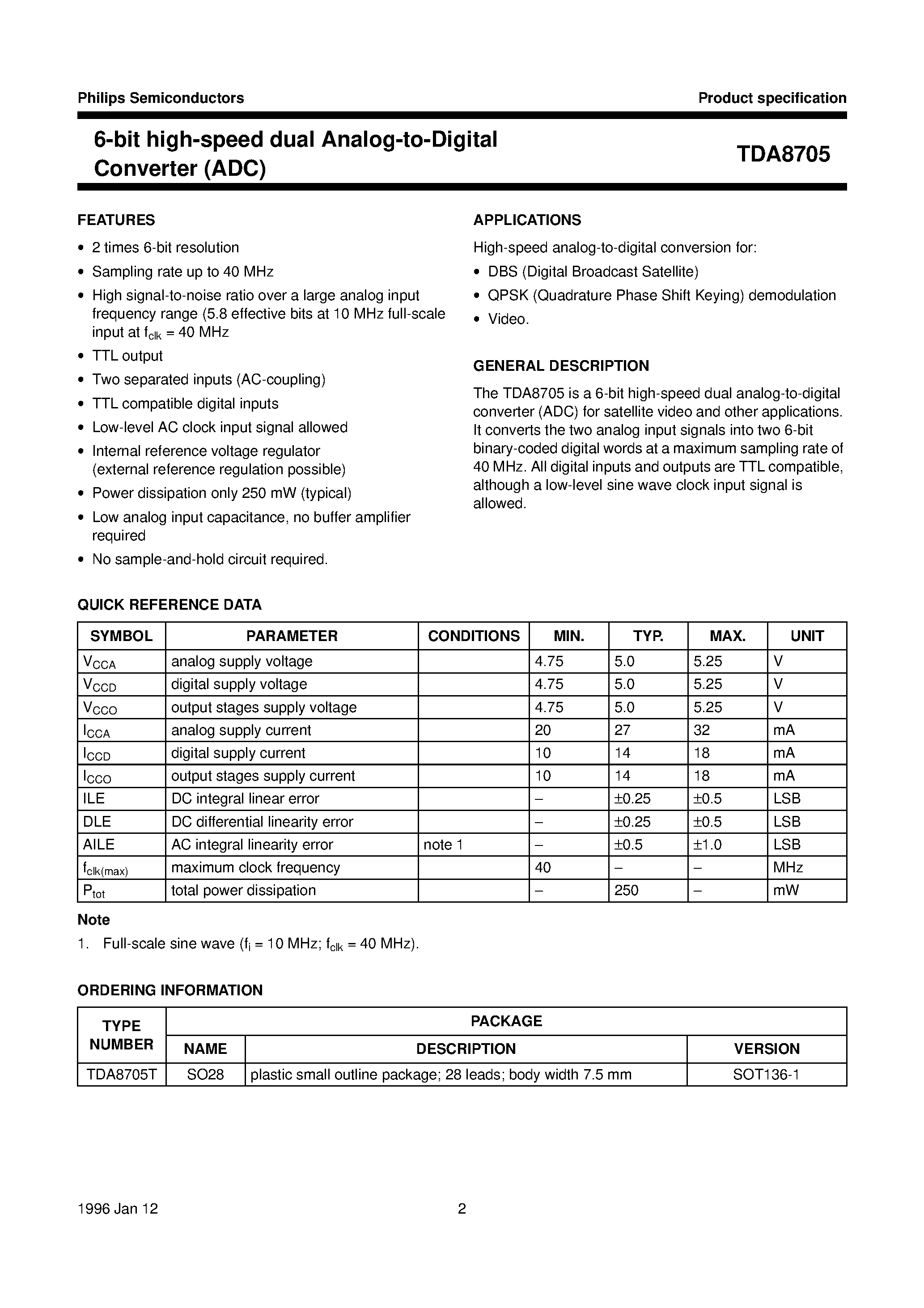 Datasheet TDA8705 - 6-bit high-speed dual Analog-to-Digital Converter ADC page 2