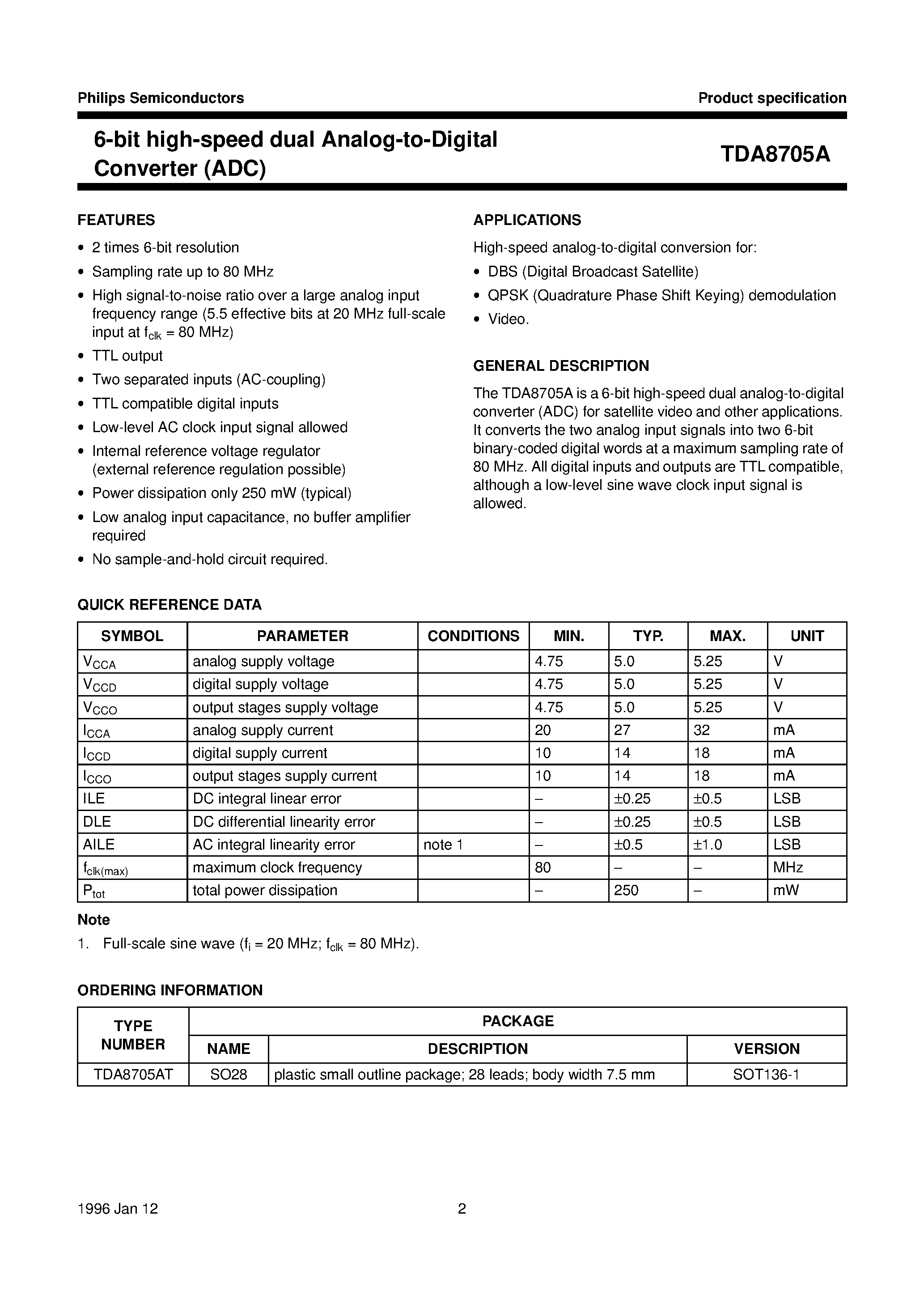 Datasheet TDA8705A page 2 Datasheet TDA8705A - 6-bit high-speed dual Analog-to-Digital Converter ADC page 2