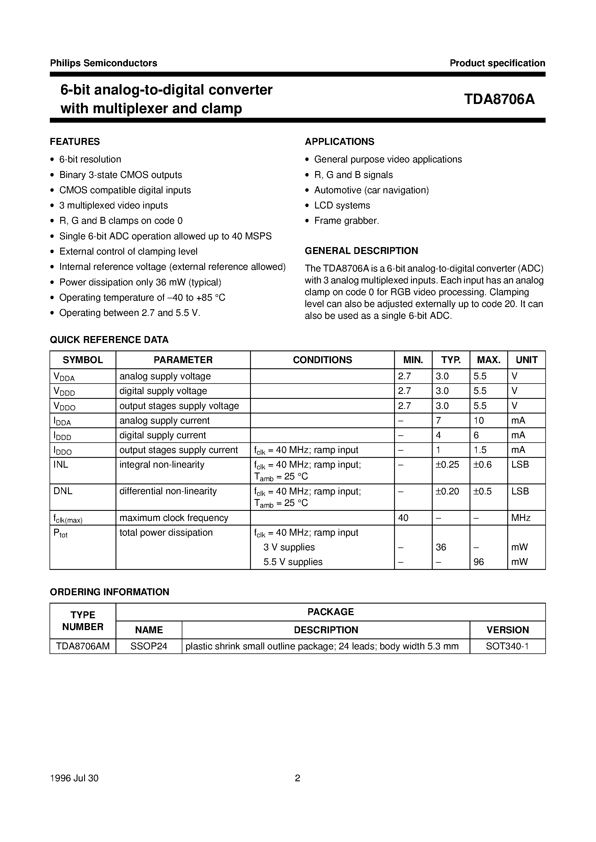 Datasheet TDA8706AM - 6-bit analog-to-digital converter with multiplexer and clamp page 2