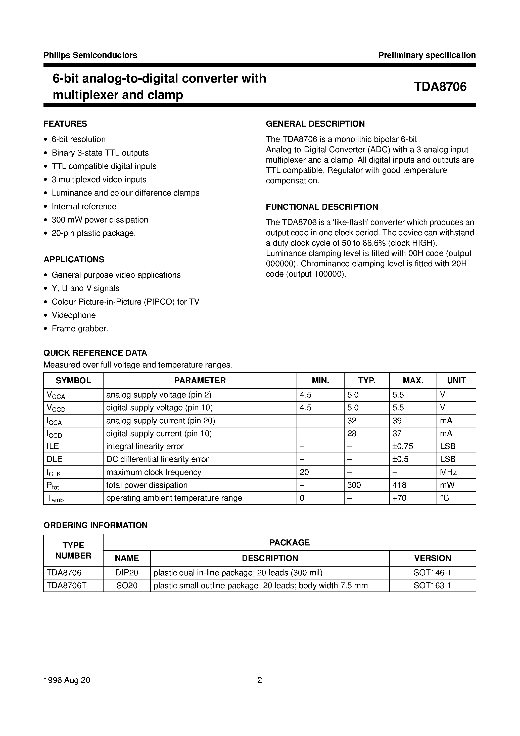 Datasheet TDA8706T - 6-bit analog-to-digital converter with multiplexer and clamp page 2