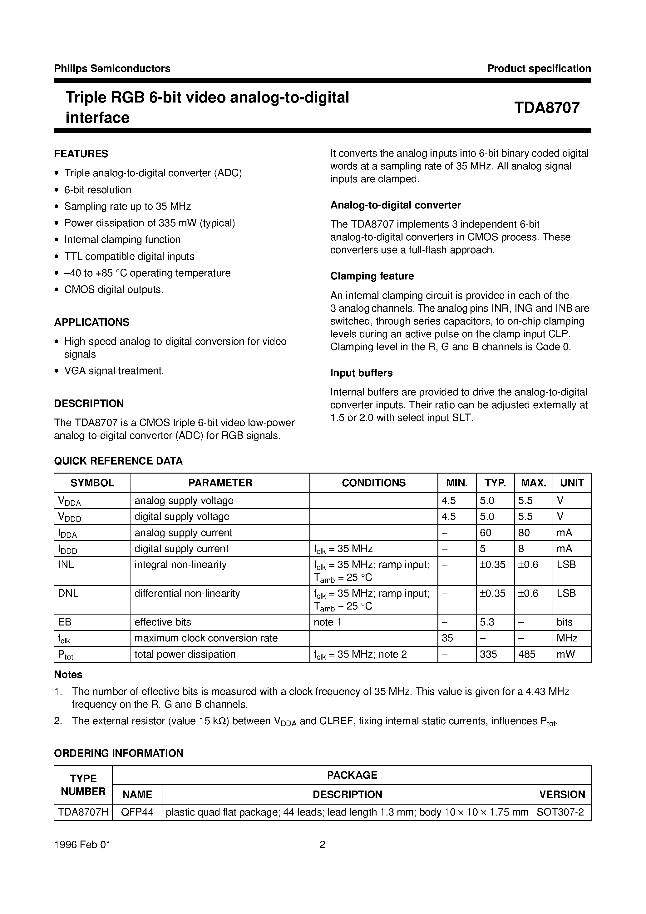Datasheet TDA8707 page 2 Datasheet TDA8707 - Triple RGB 6-bit video analog-to-digital interface page 2