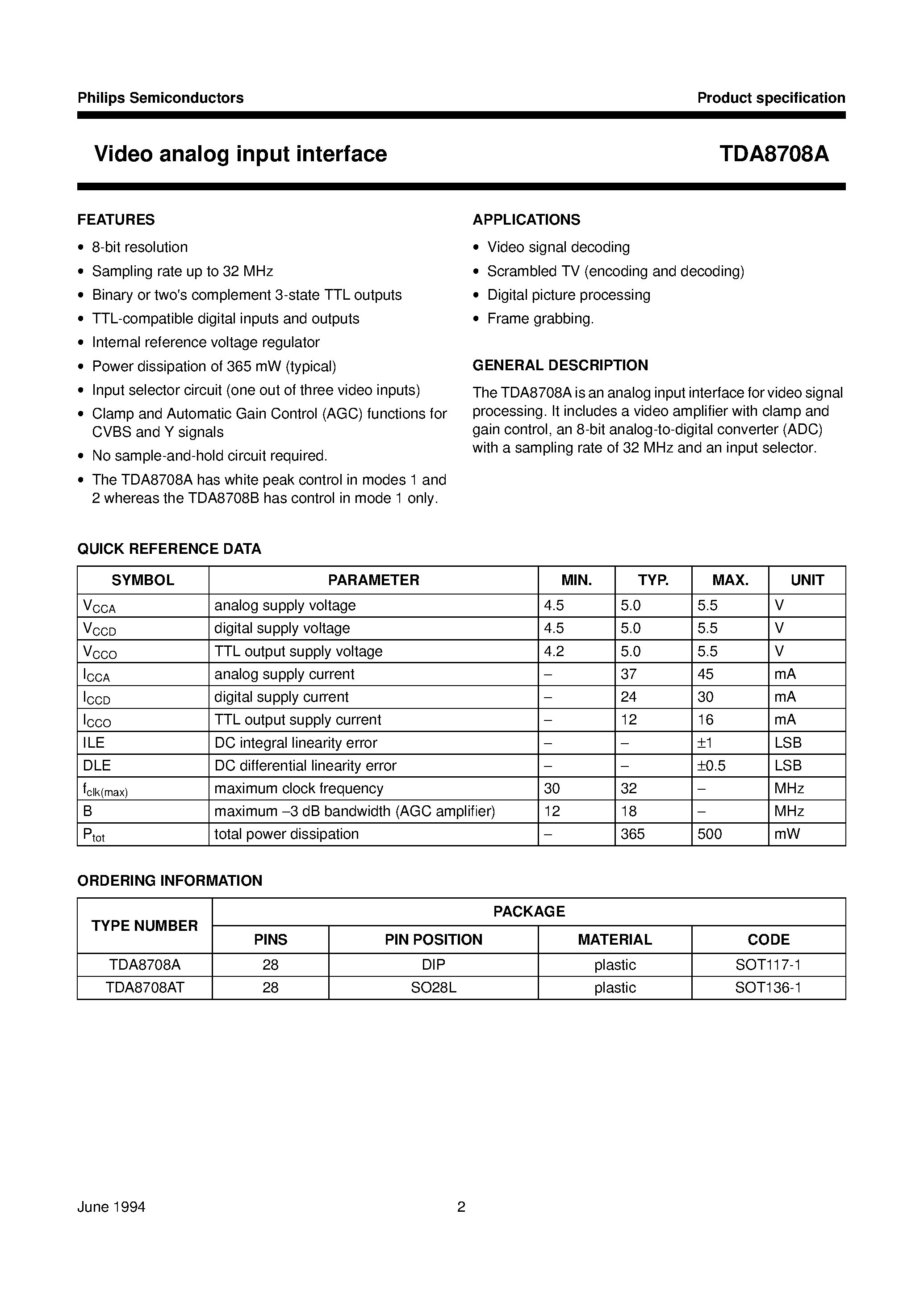 Даташит TDA8708 - Video analog input interface страница 2