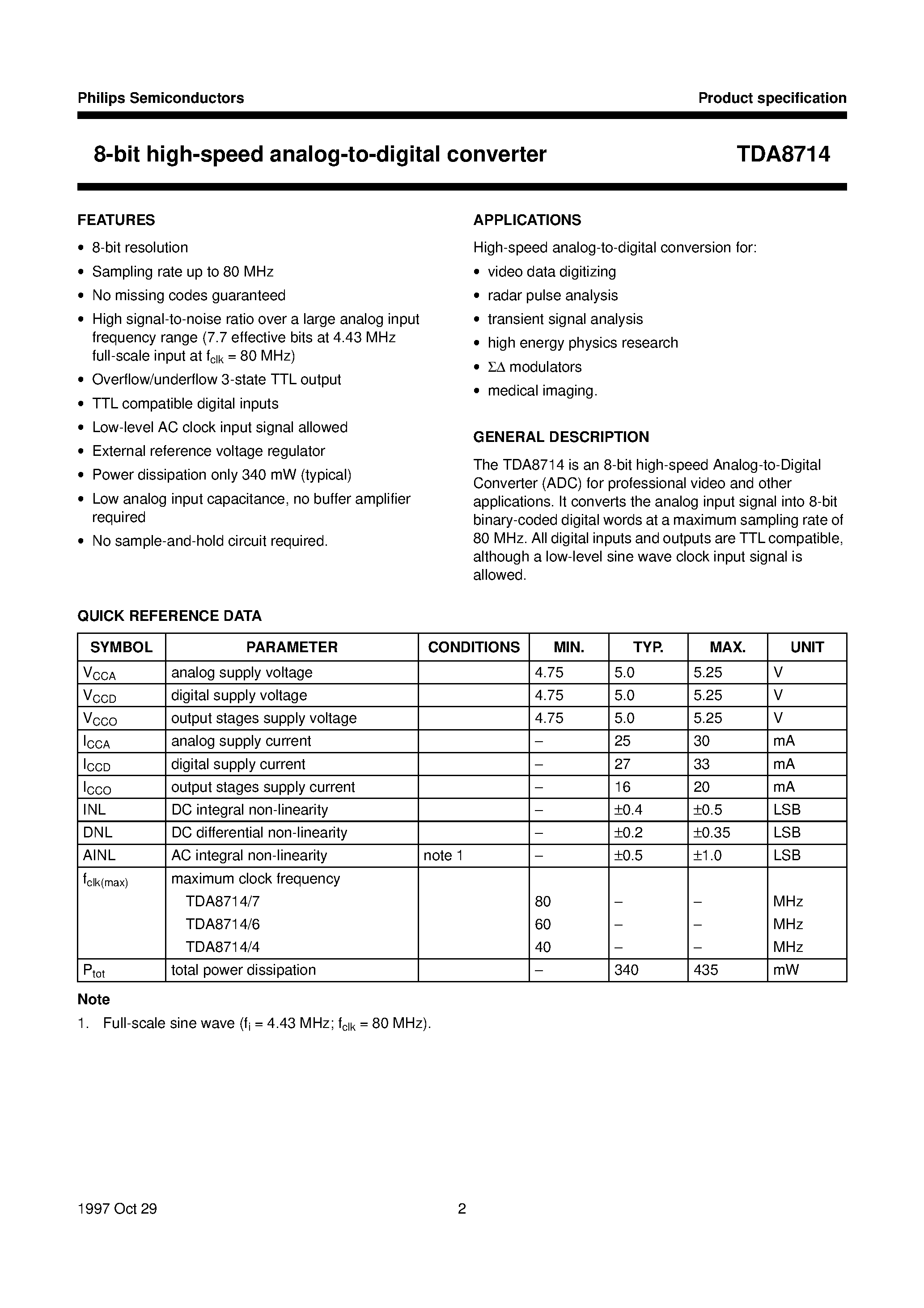 Даташит TDA8714M - 8-bit high-speed analog-to-digital converter страница 2