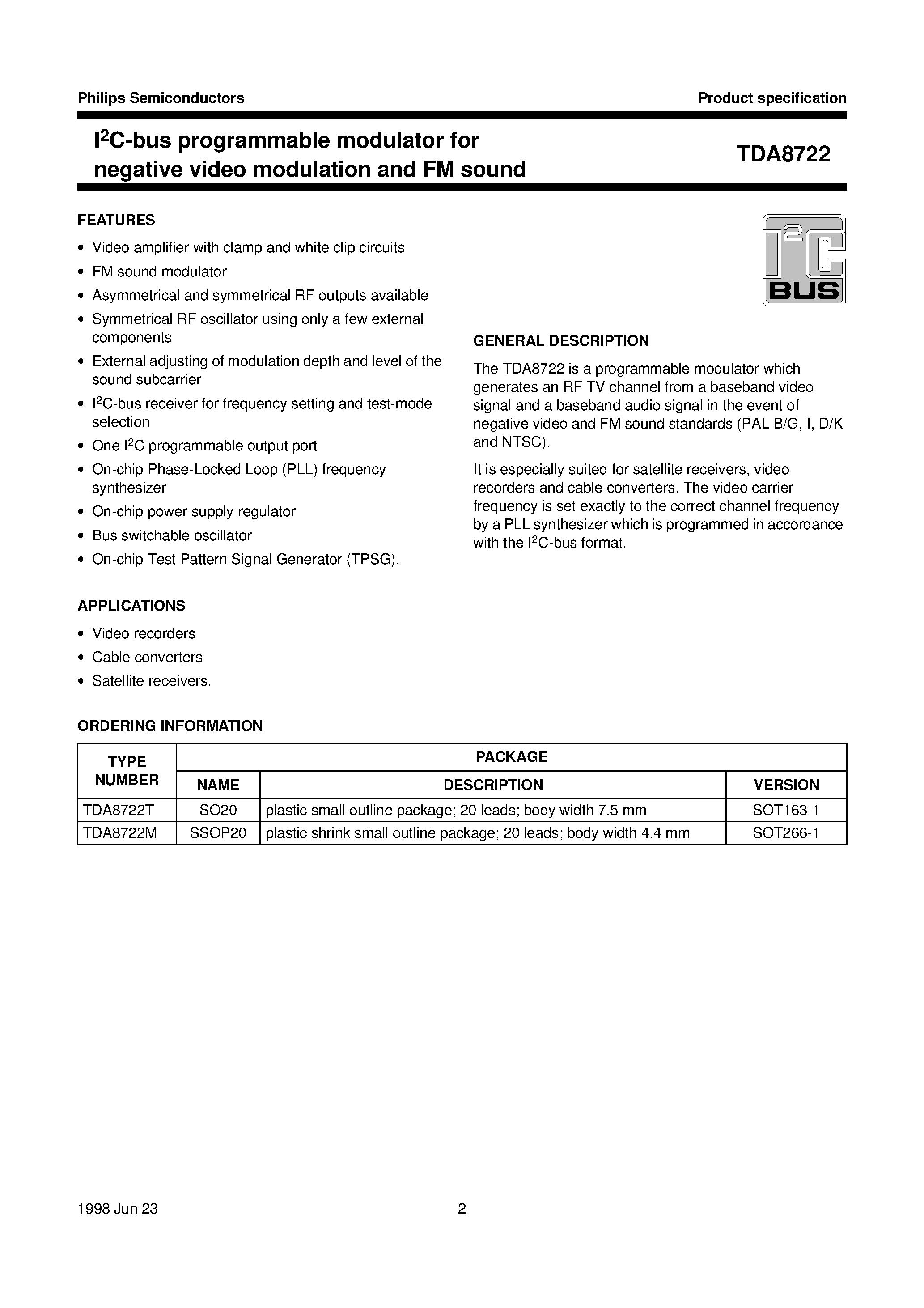 Даташит TDA8722M - I2C-bus programmable modulator for negative video modulation and FM sound страница 2