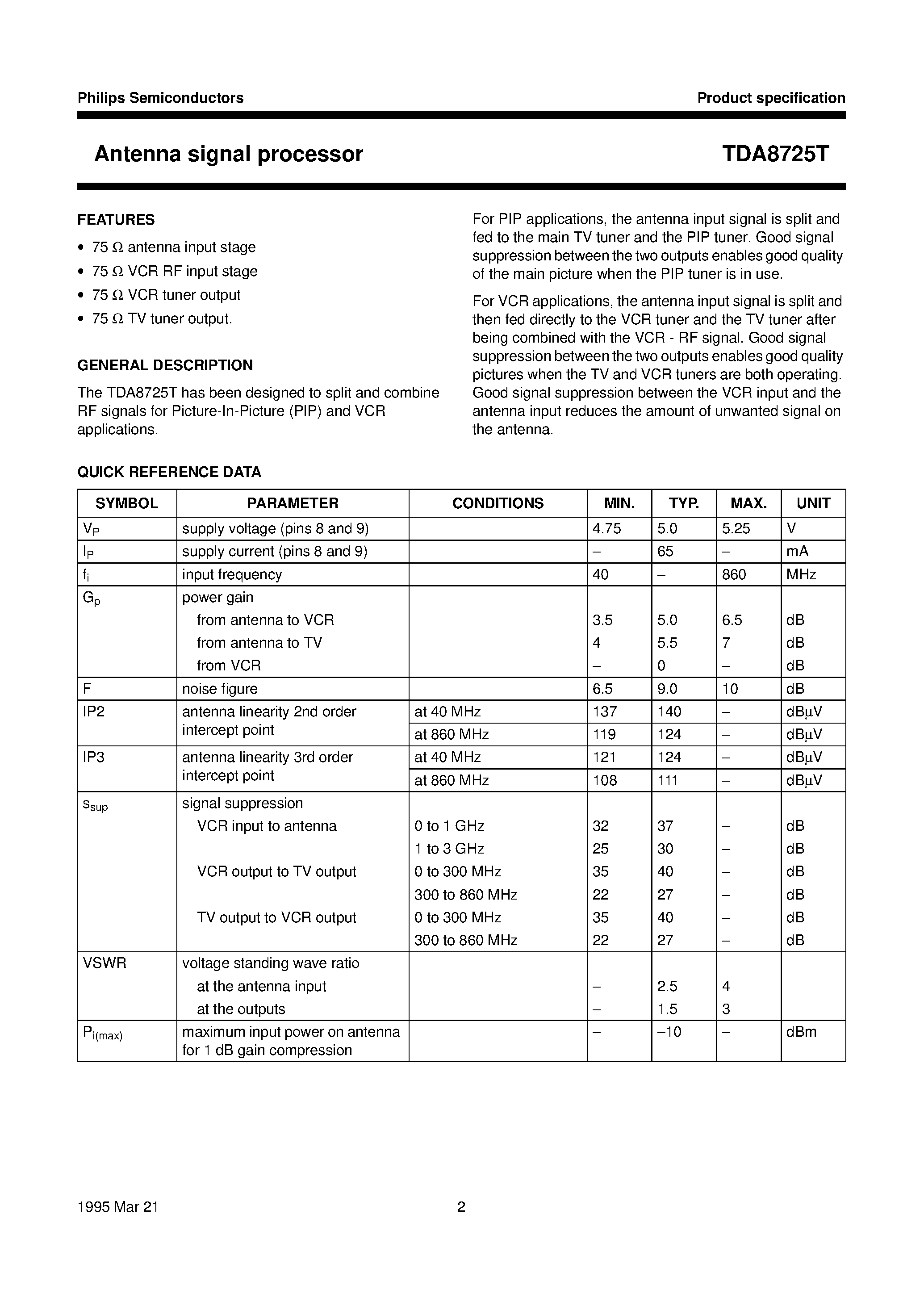 Даташит TDA8725T - Antenna signal processor страница 2
