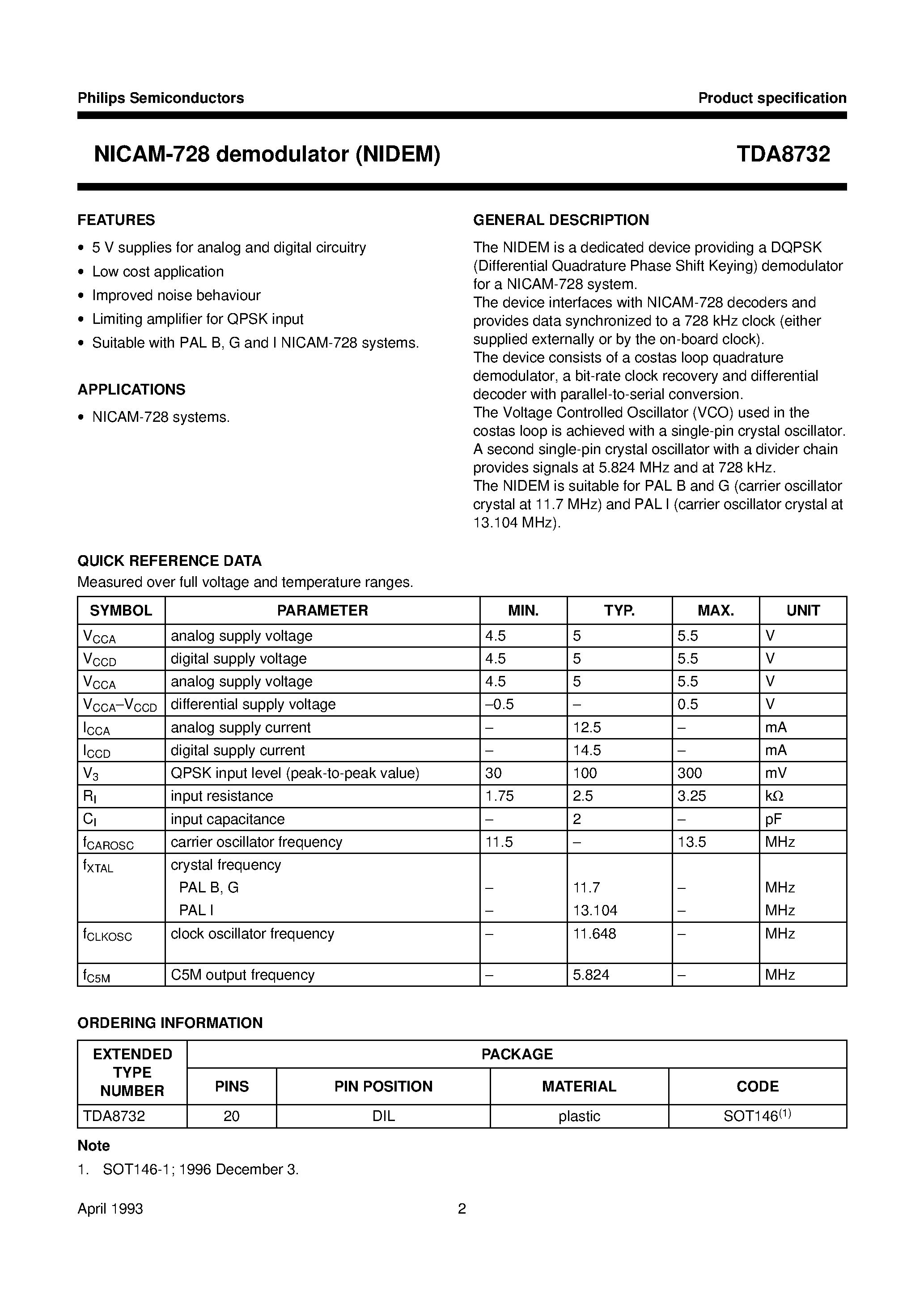 Даташит TDA8732 - NICAM-728 demodulator NIDEM страница 2