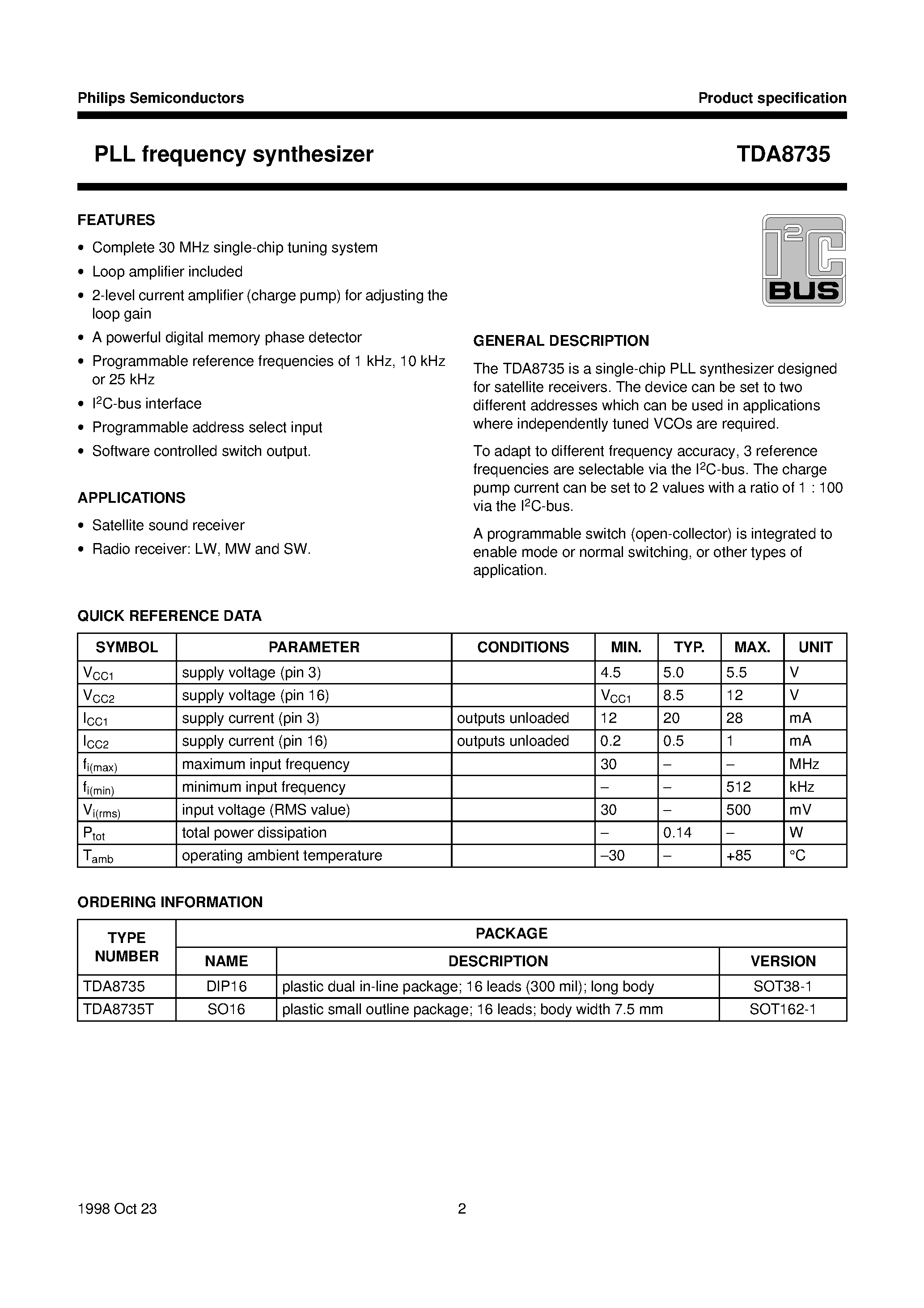 Даташит TDA8735 - PLL frequency synthesizer страница 2