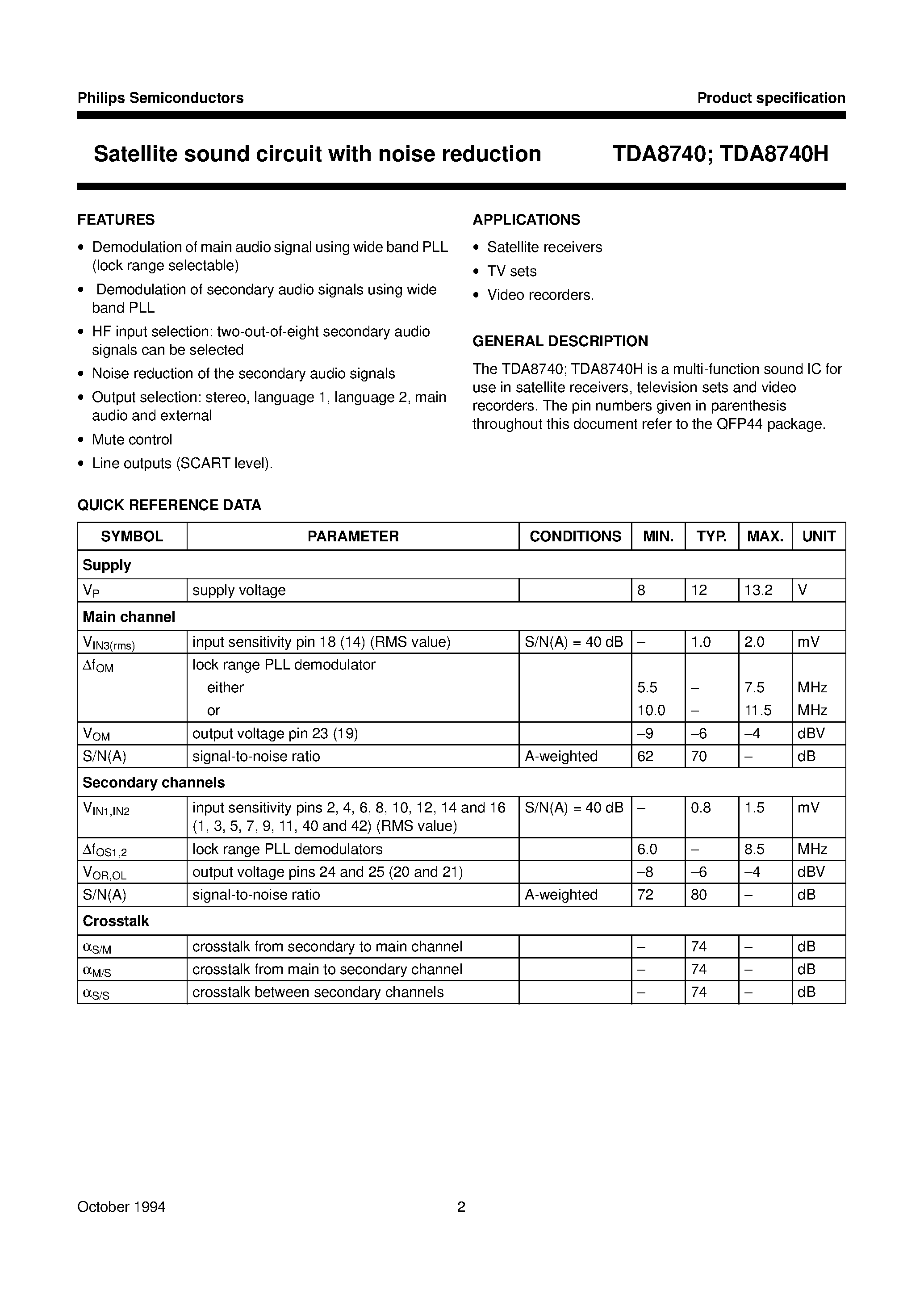 Даташит TDA8740 - Satellite sound circuit with noise reduction страница 2