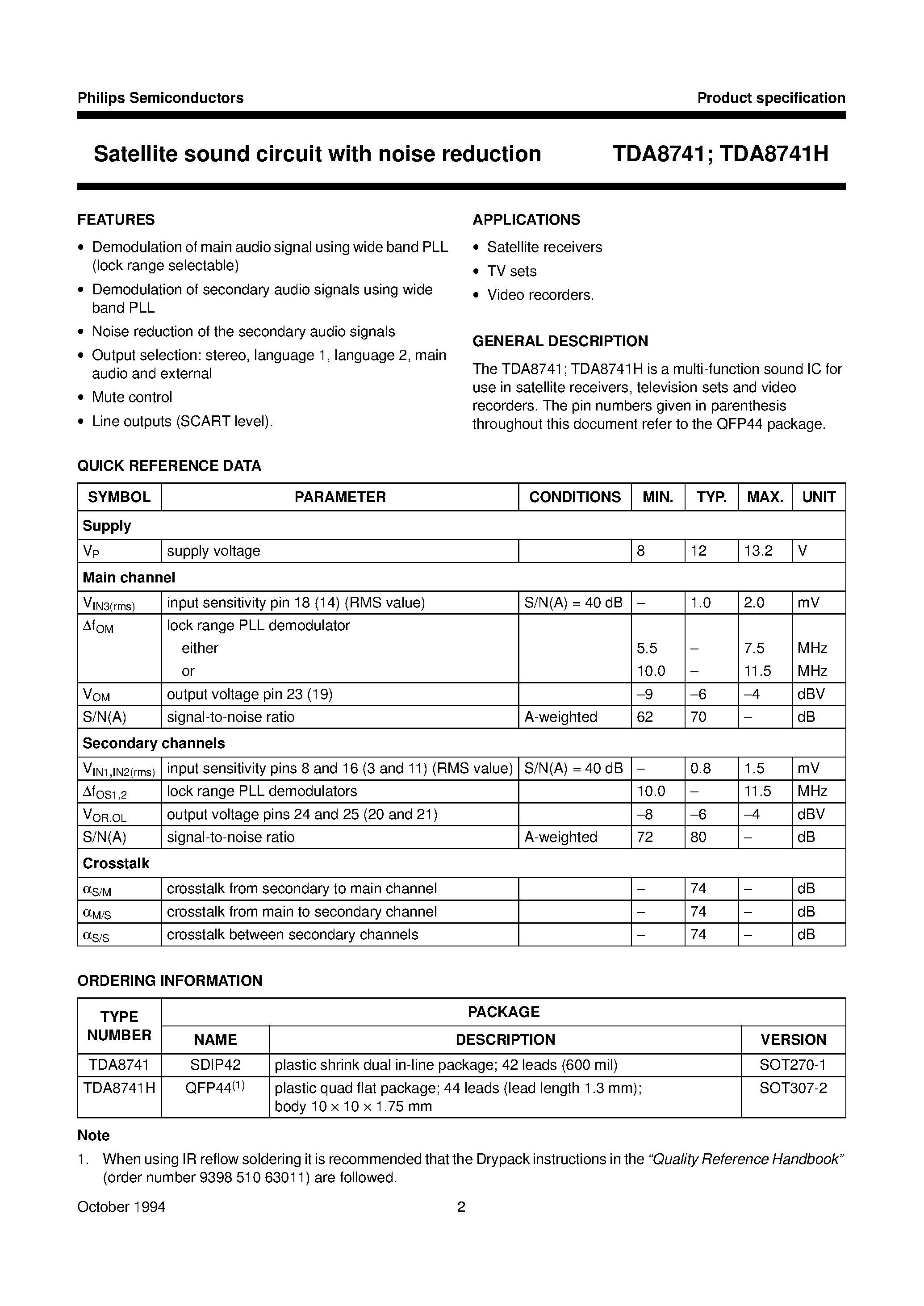 Даташит TDA8741H - Satellite sound circuit with noise reduction страница 2