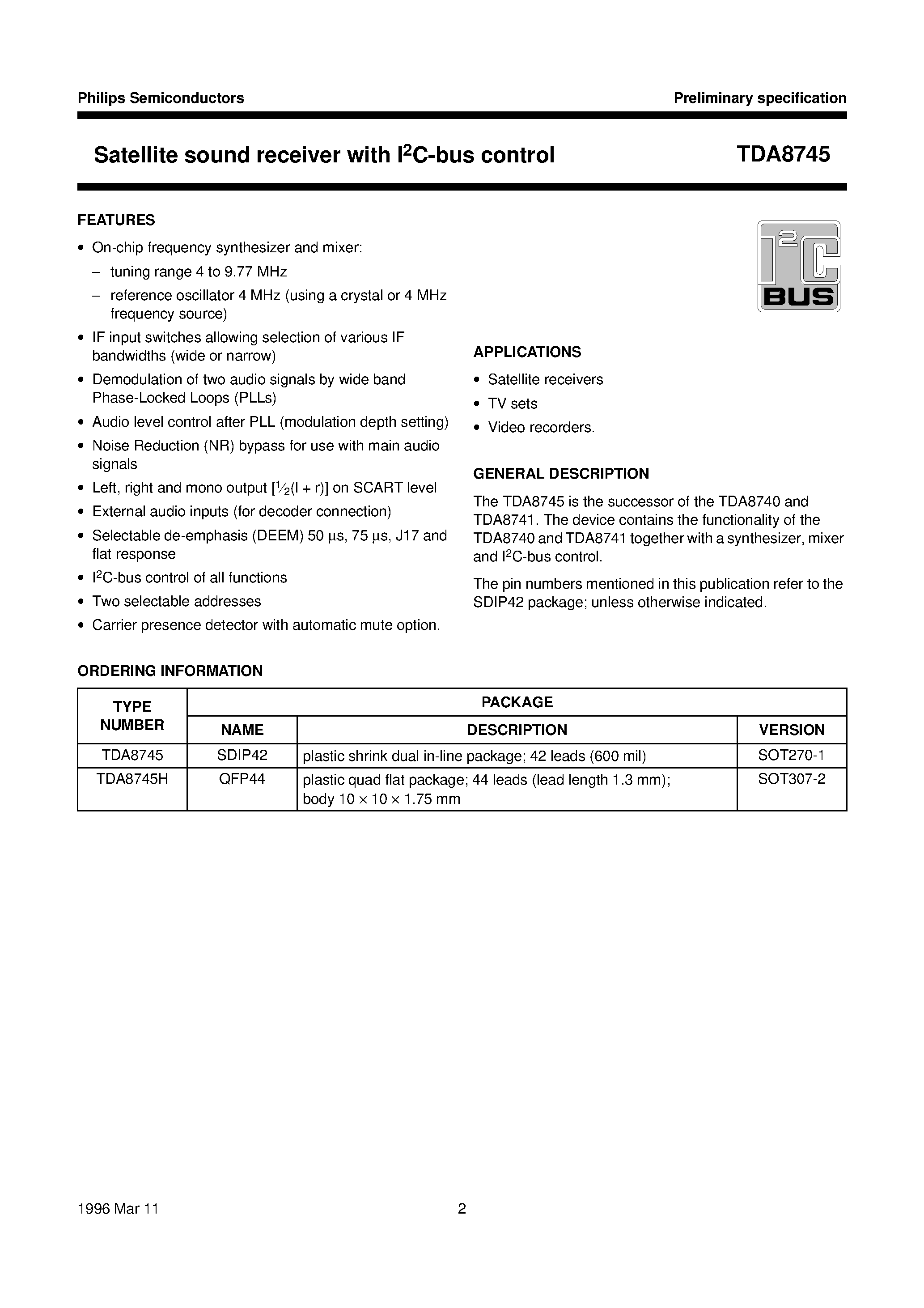 Даташит TDA8745H - Satellite sound receiver with I2C-bus control страница 2