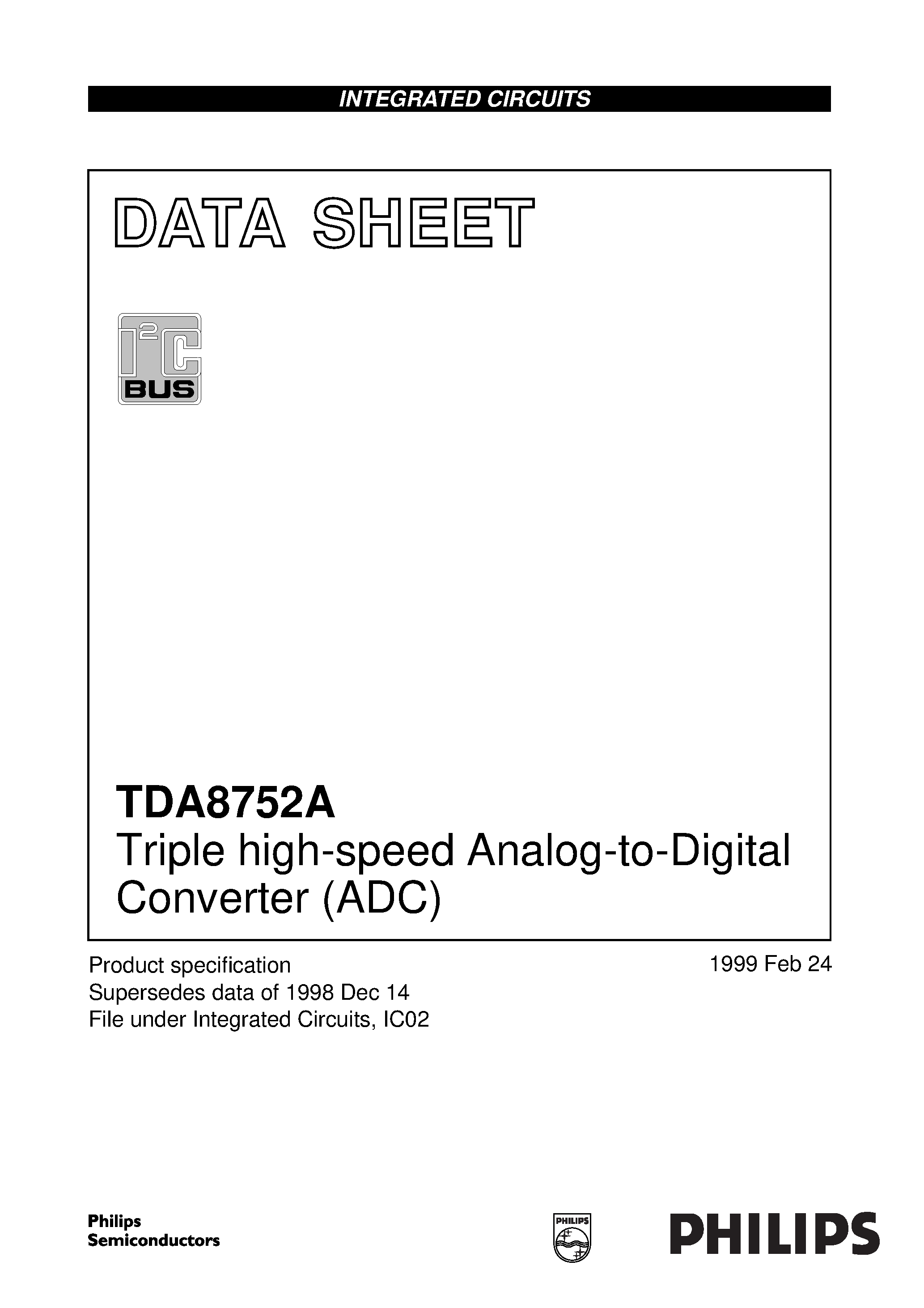 Даташит TDA8752A - Triple high-speed Analog-to-Digital Converter ADC страница 1