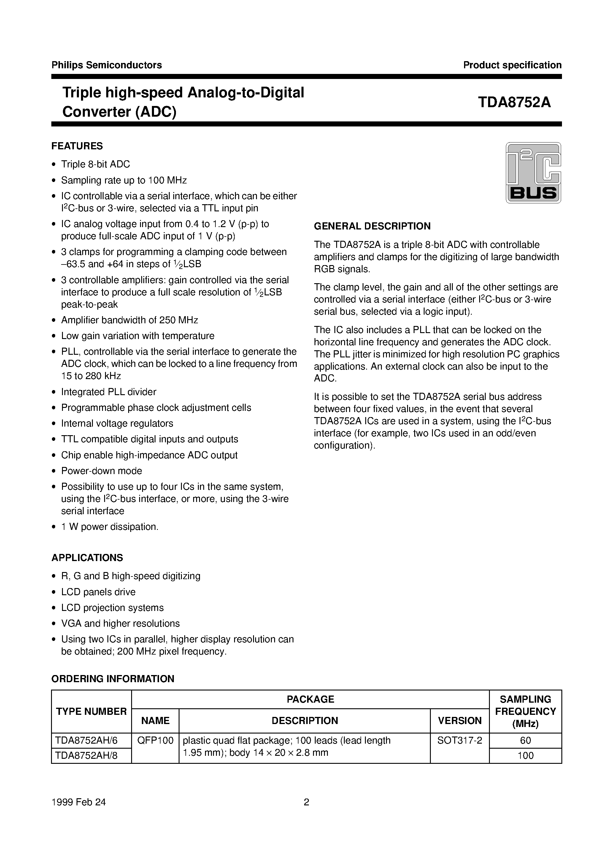 Даташит TDA8752A - Triple high-speed Analog-to-Digital Converter ADC страница 2