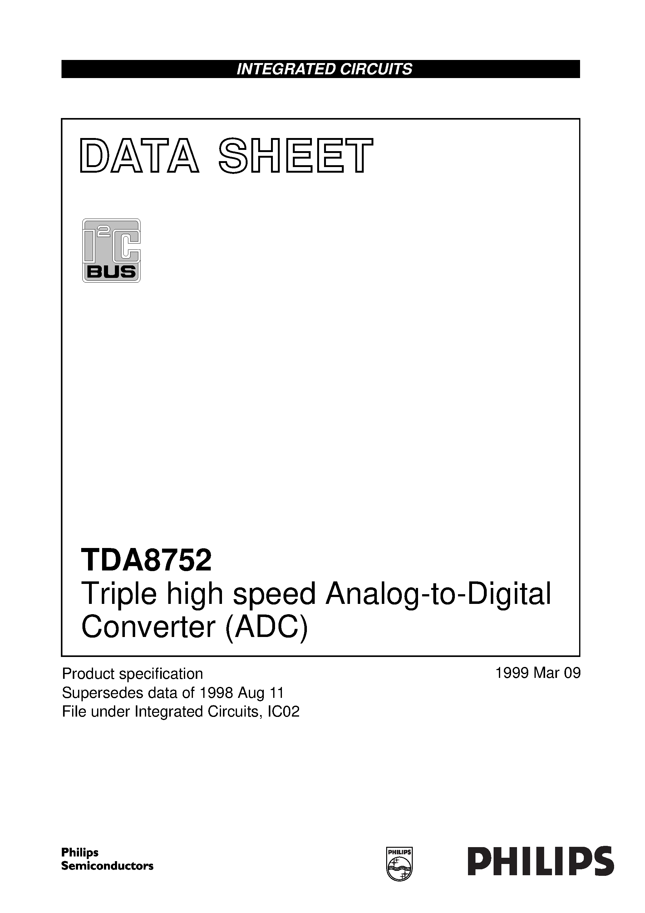 Даташит TDA8752H - Triple high speed Analog-to-Digital Converter ADC страница 1