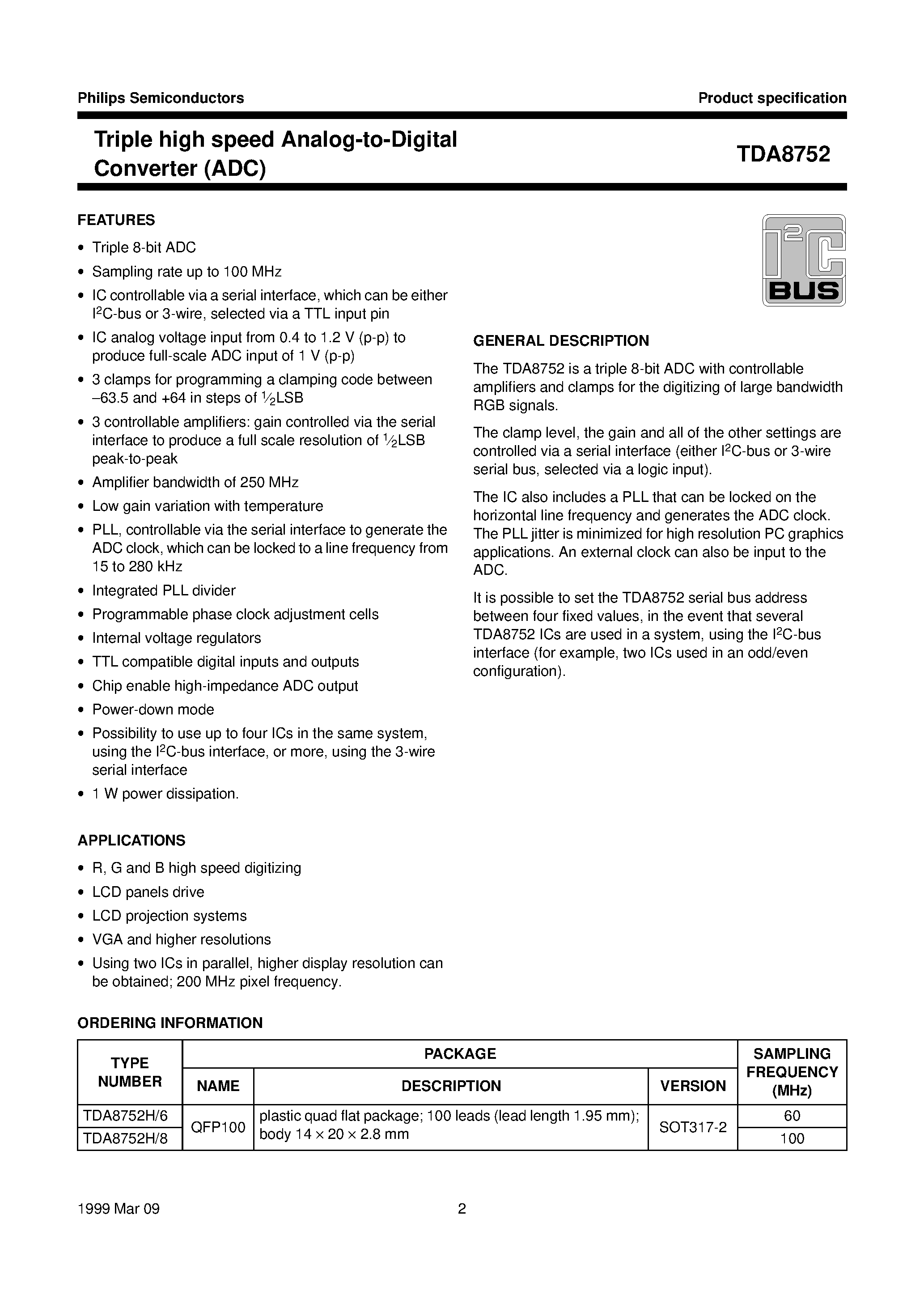 Даташит TDA8752H - Triple high speed Analog-to-Digital Converter ADC страница 2
