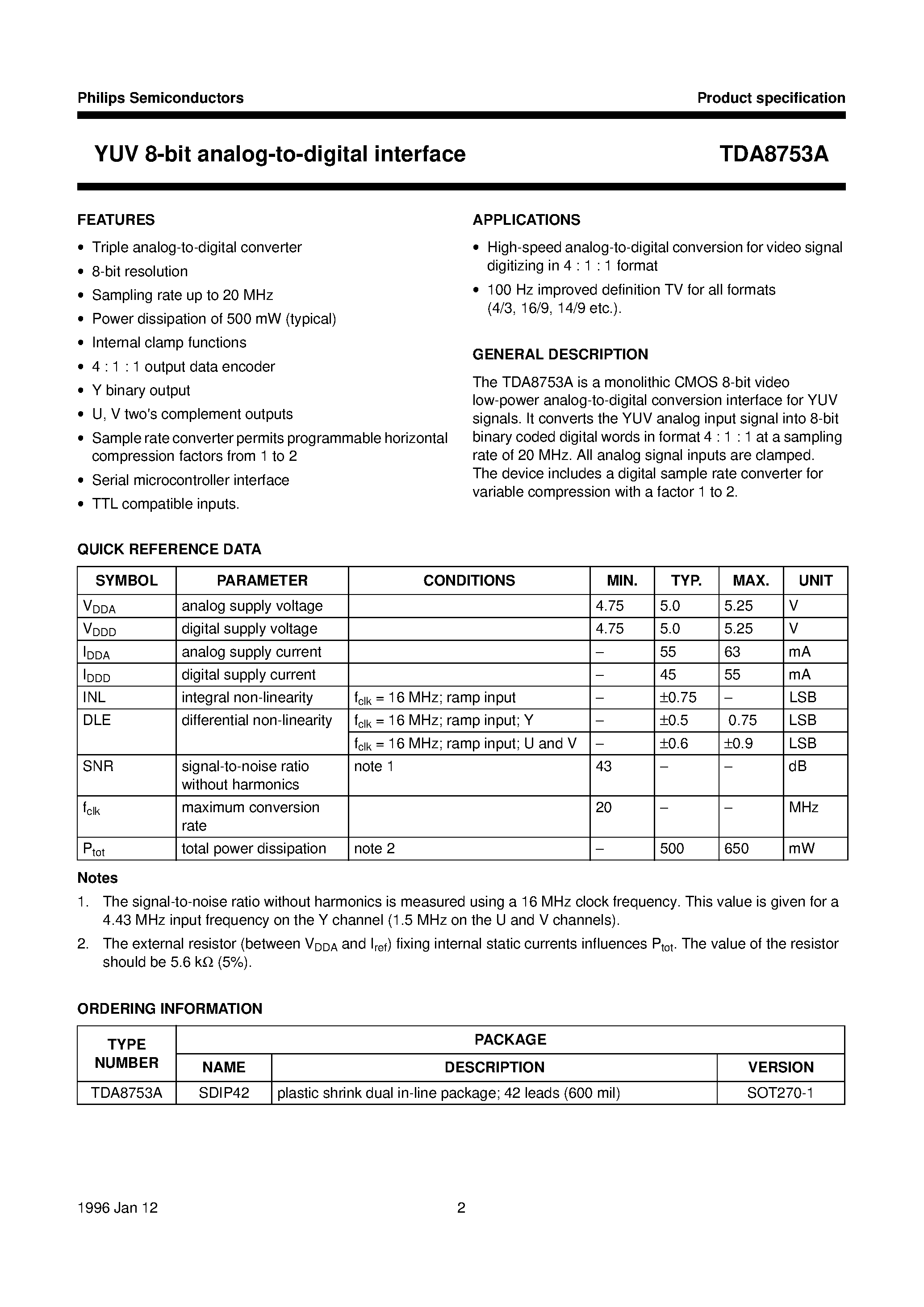 Даташит TDA8753 - YUV 8-bit analog-to-digital interface страница 2