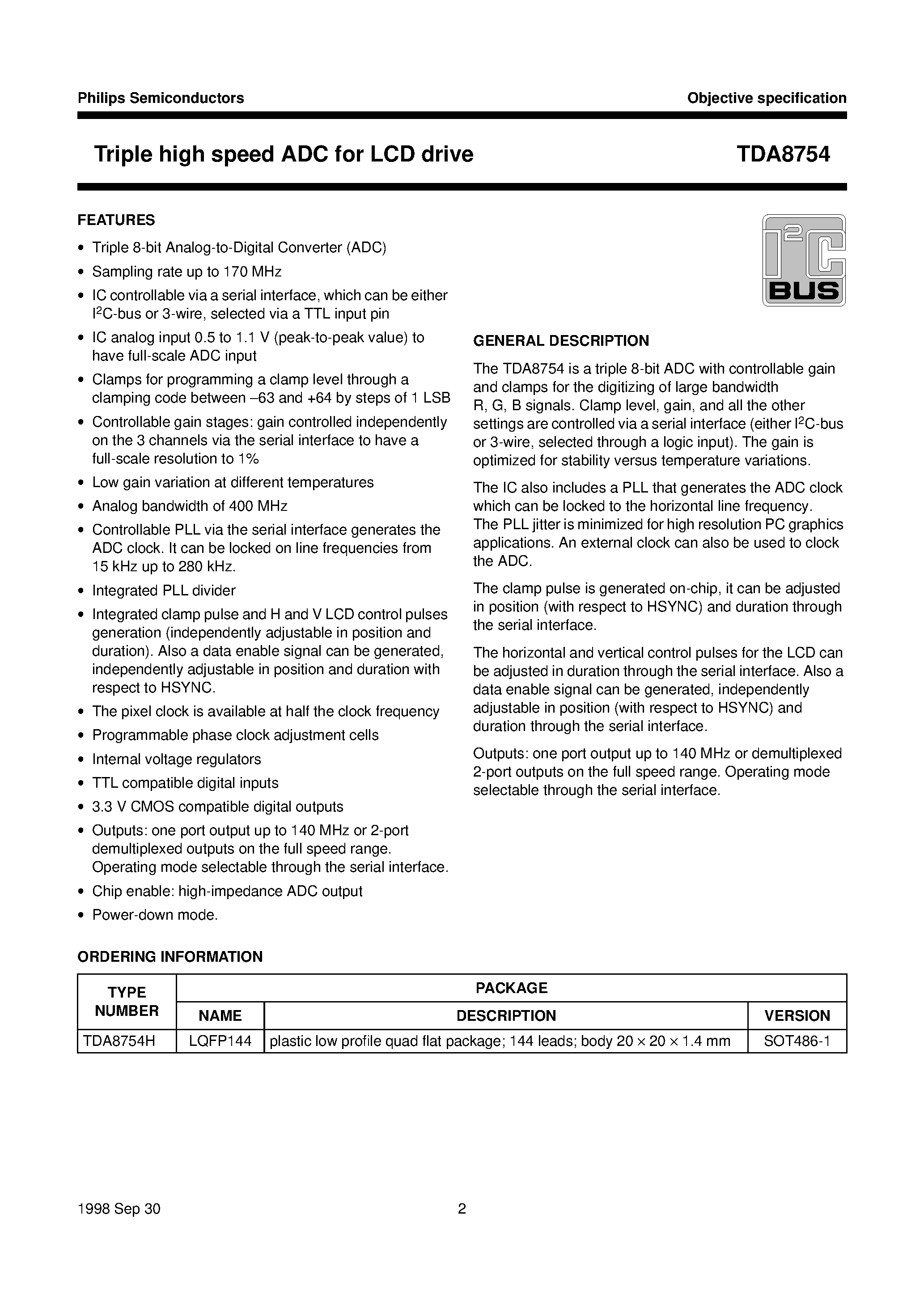 Даташит TDA8754 - Triple high speed ADC for LCD drive страница 2