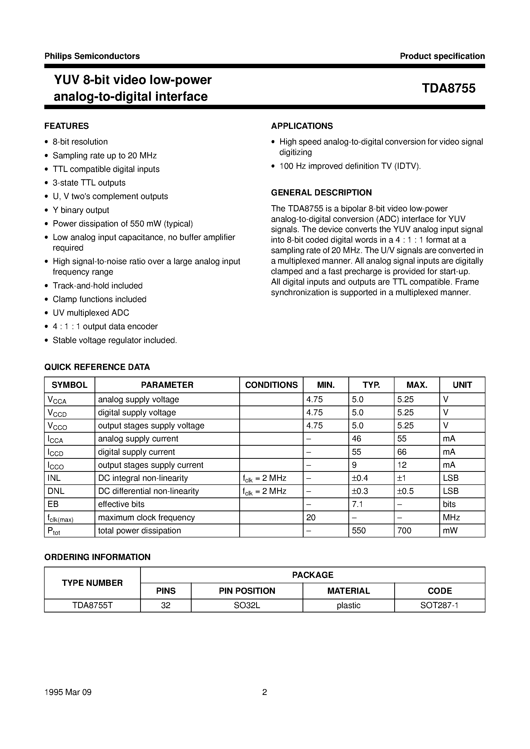 Datasheet TDA8755 - YUV 8-bit video low-power analog-to-digital interface page 2