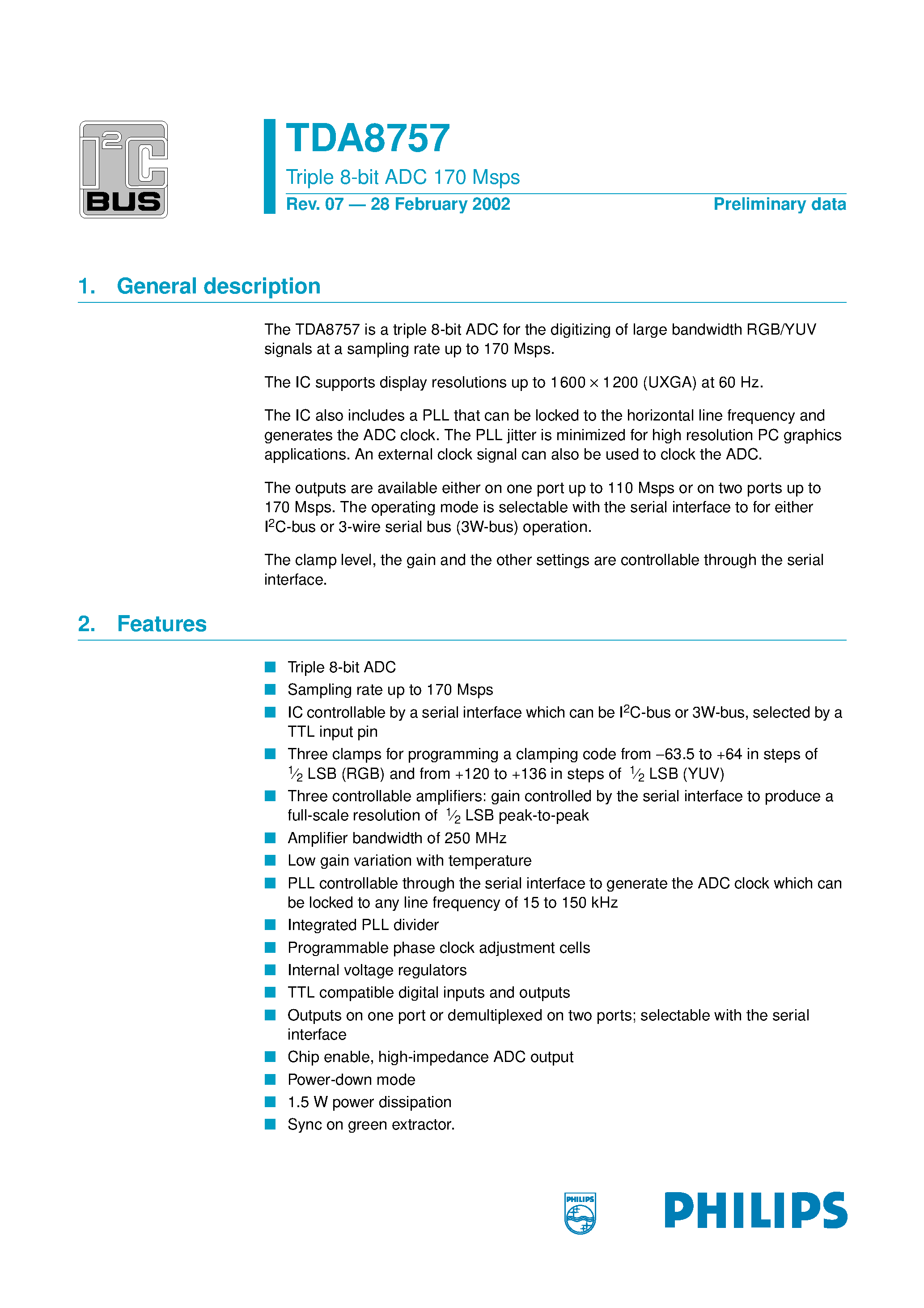 Datasheet TDA8757 - Triple 8-bit ADC 170 Msps page 1