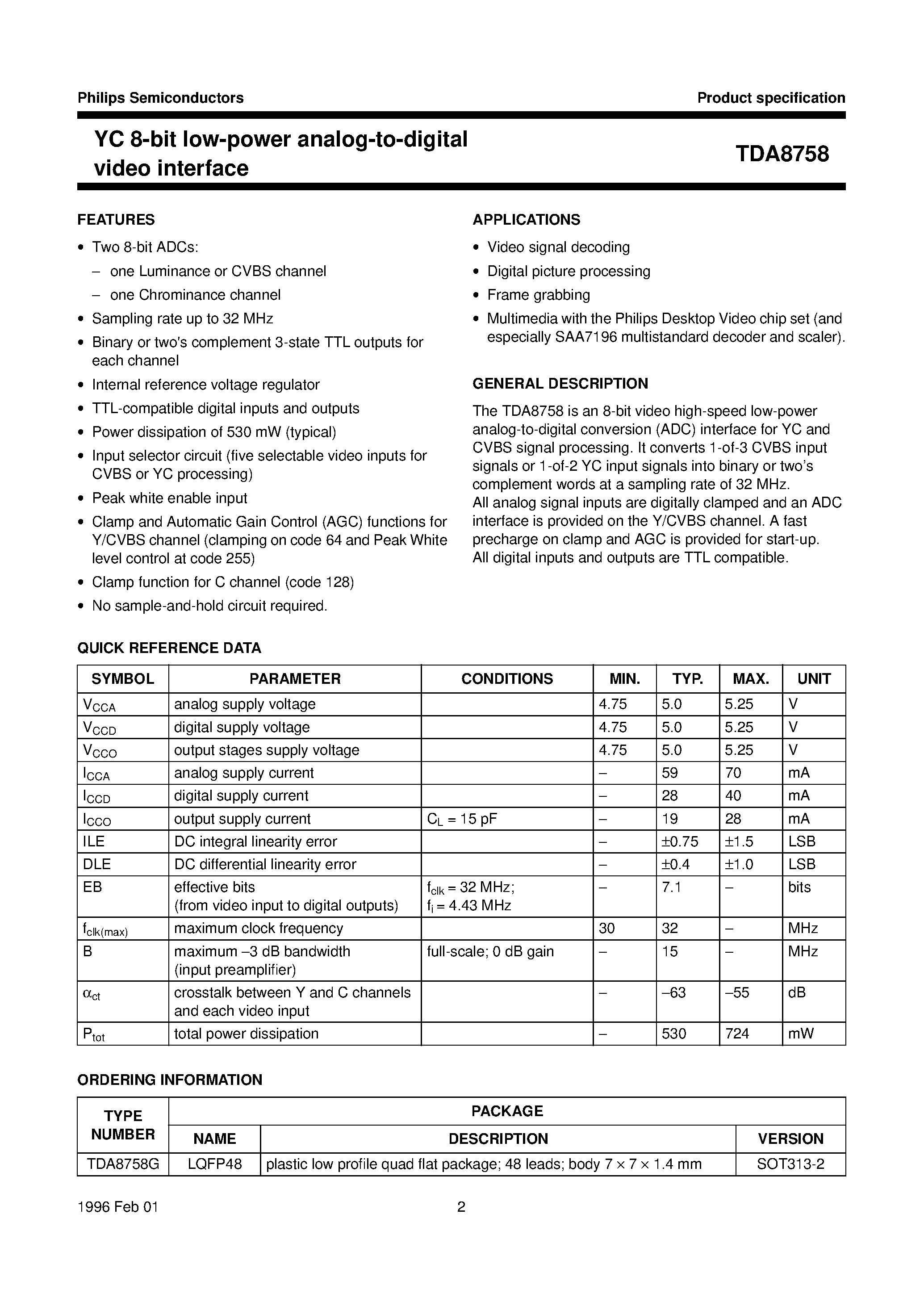 Datasheet TDA8758G - YC 8-bit low-power analog-to-digital video interface page 2
