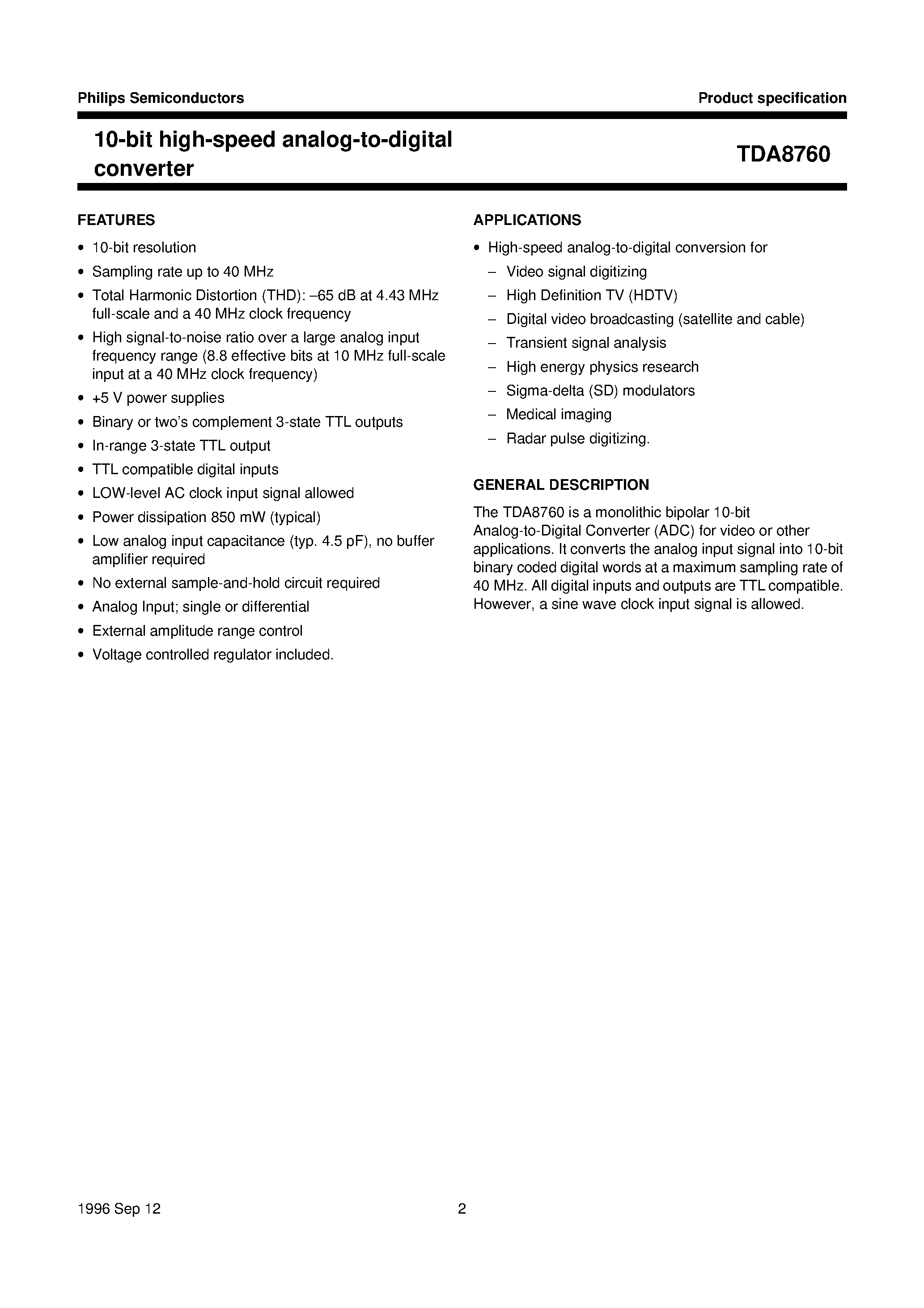 Datasheet TDA8760 - 10-bit high-speed analog-to-digital converter page 2