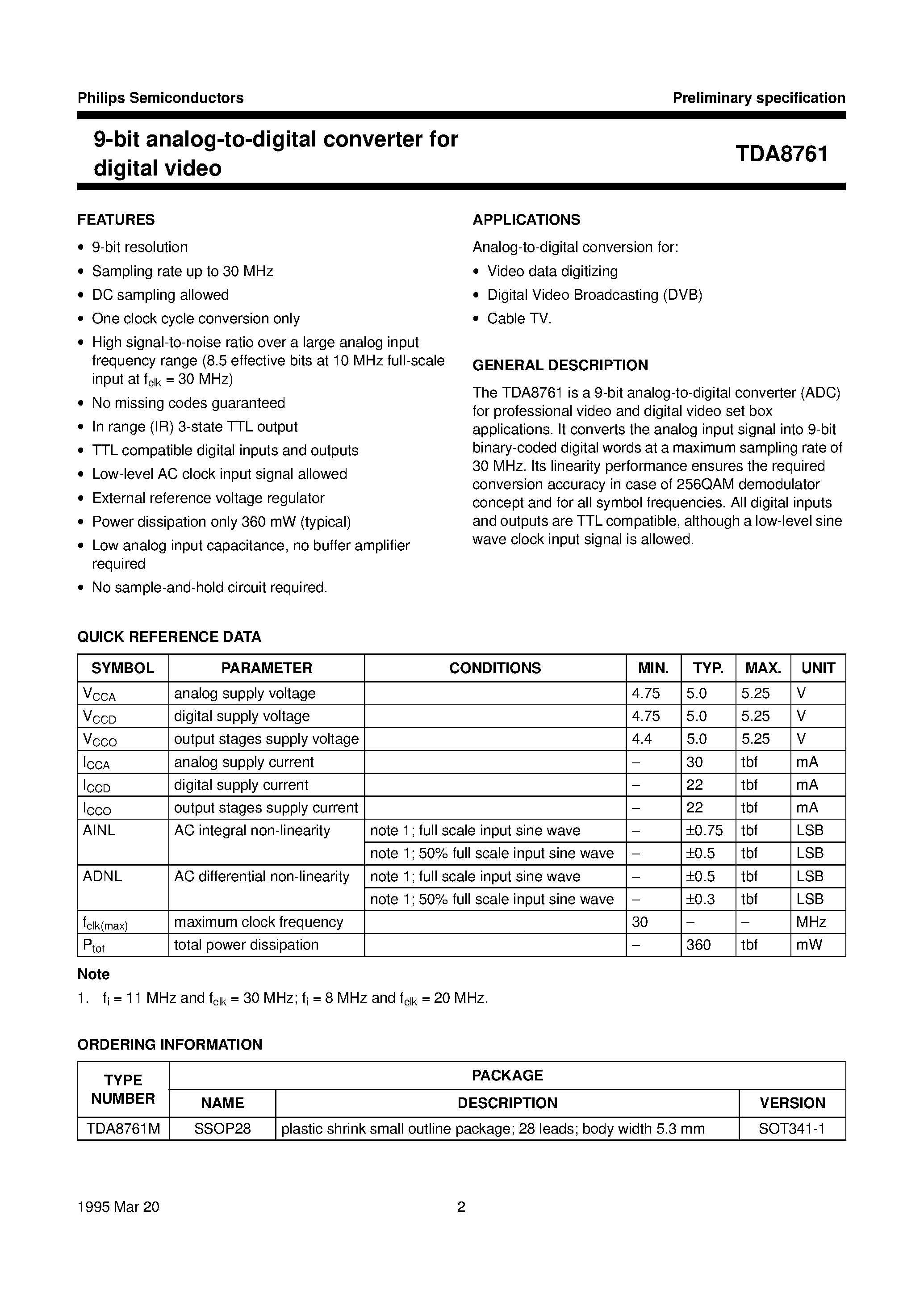 Datasheet TDA8761 - 9-bit analog-to-digital converter for digital video page 2