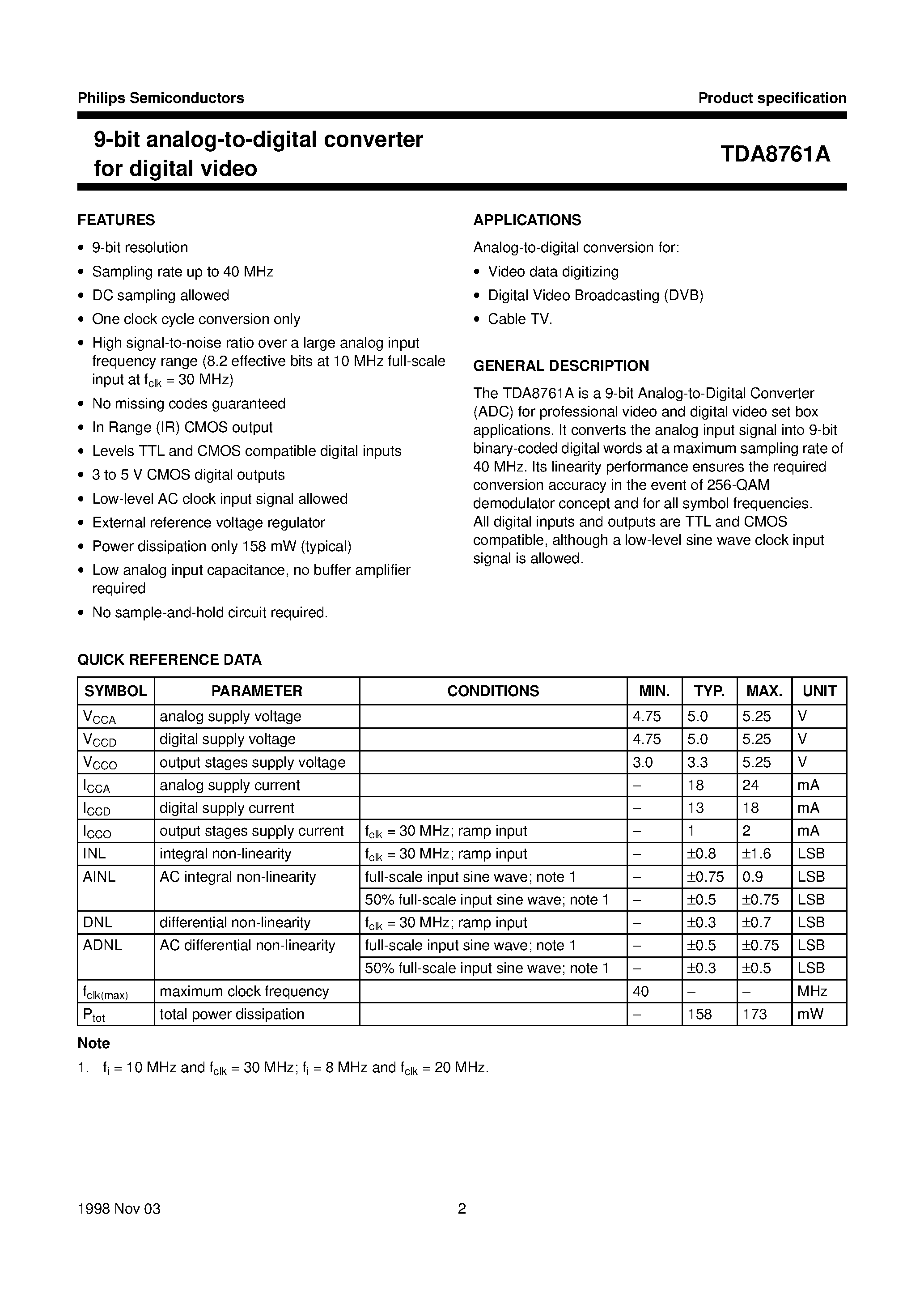 Datasheet TDA8761A - 9-bit analog-to-digital converter for digital video page 2