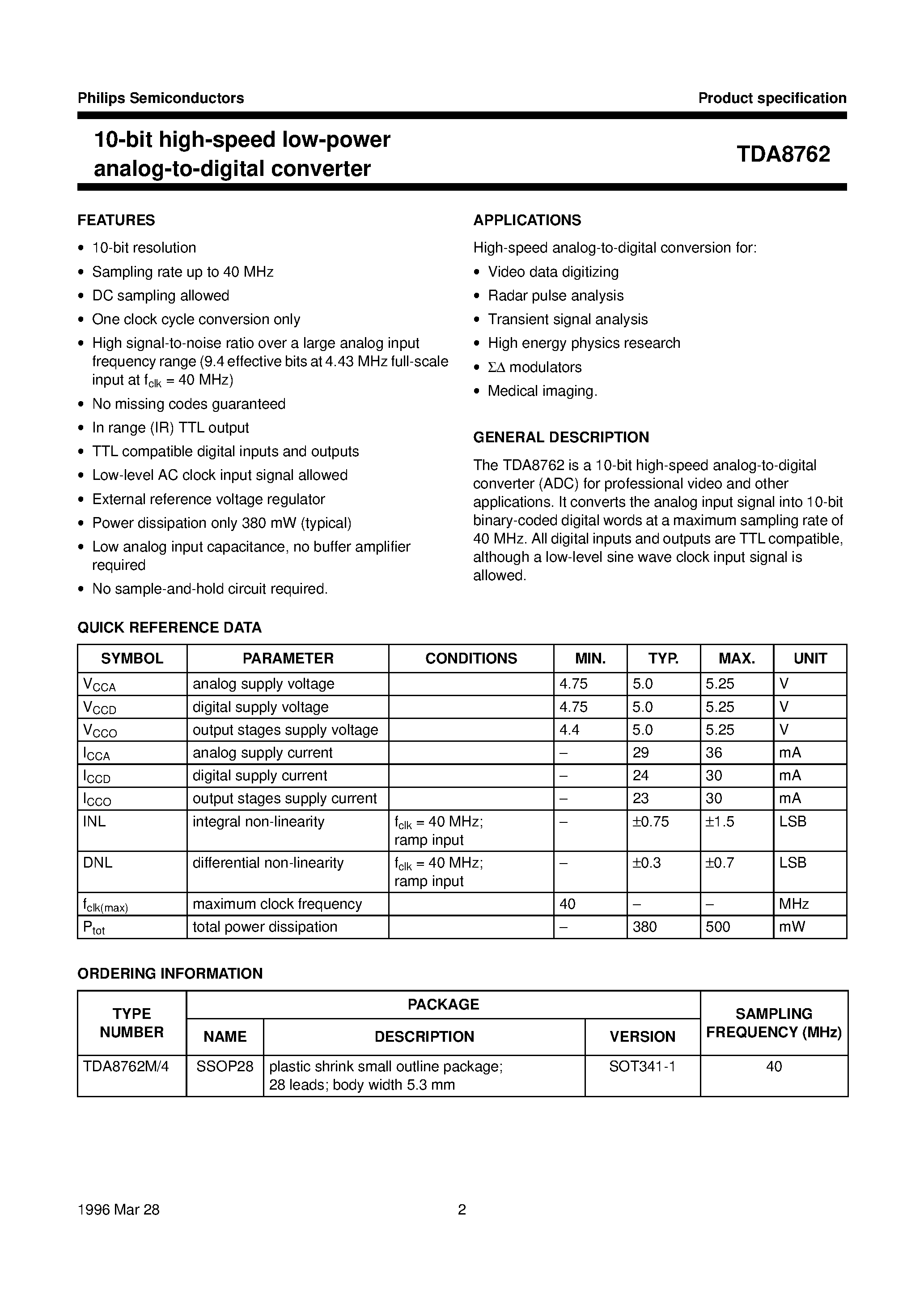 Datasheet TDA8762 - 10-bit high-speed low-power analog-to-digital converter page 2