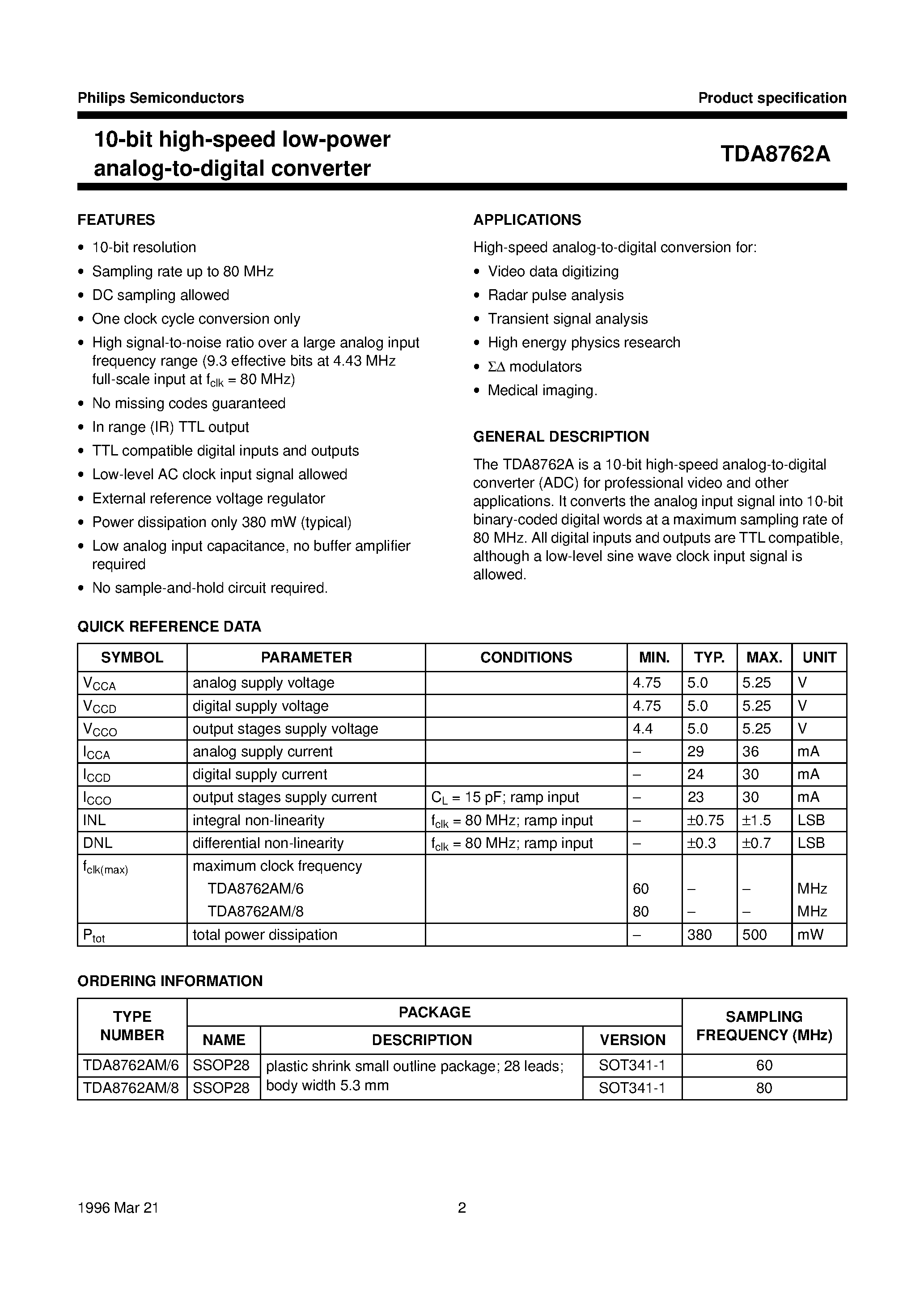 Даташит TDA8762A - 10-bit high-speed low-power analog-to-digital converter страница 2