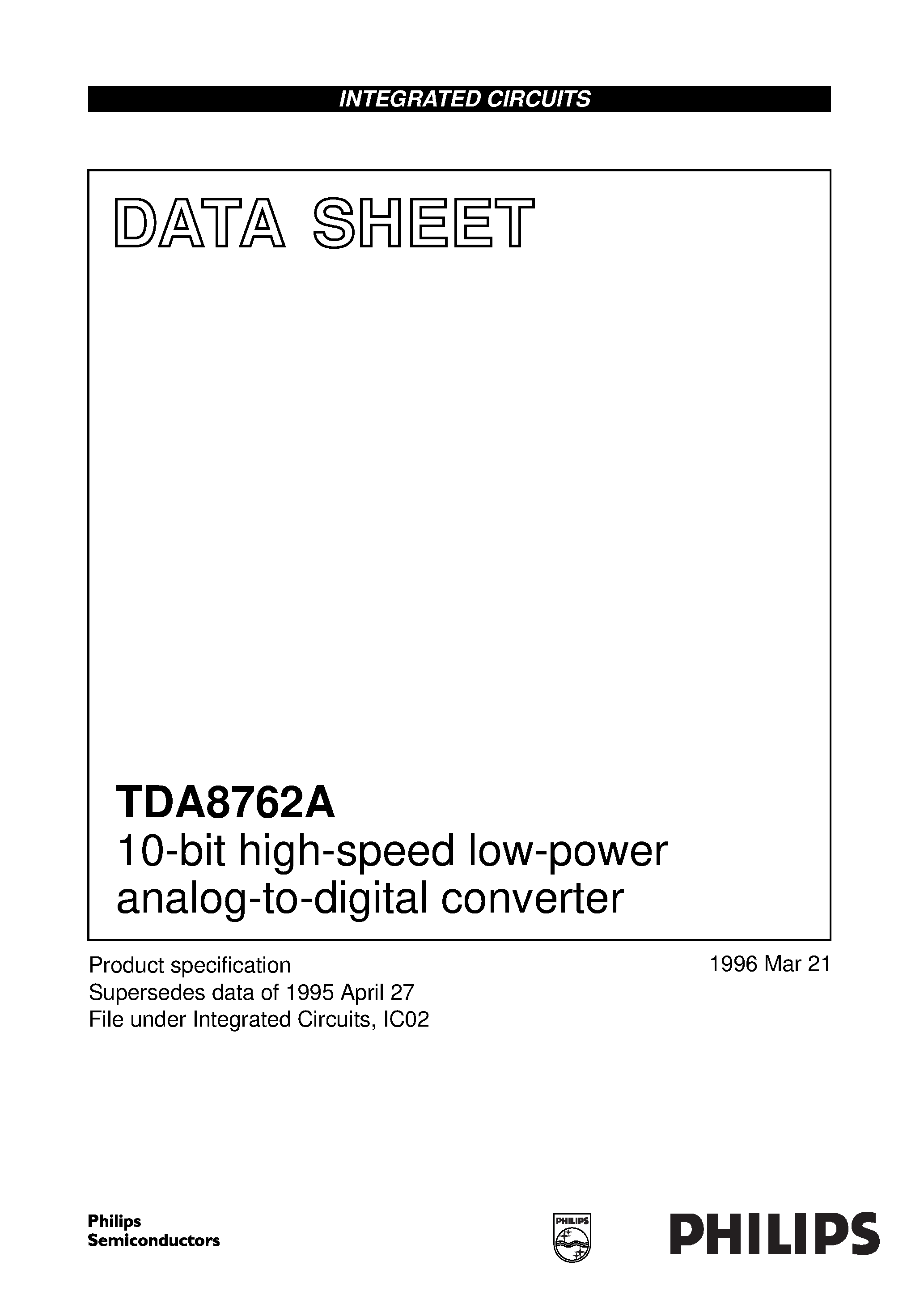 Даташит TDA8762AM - 10-bit high-speed low-power analog-to-digital converter страница 1