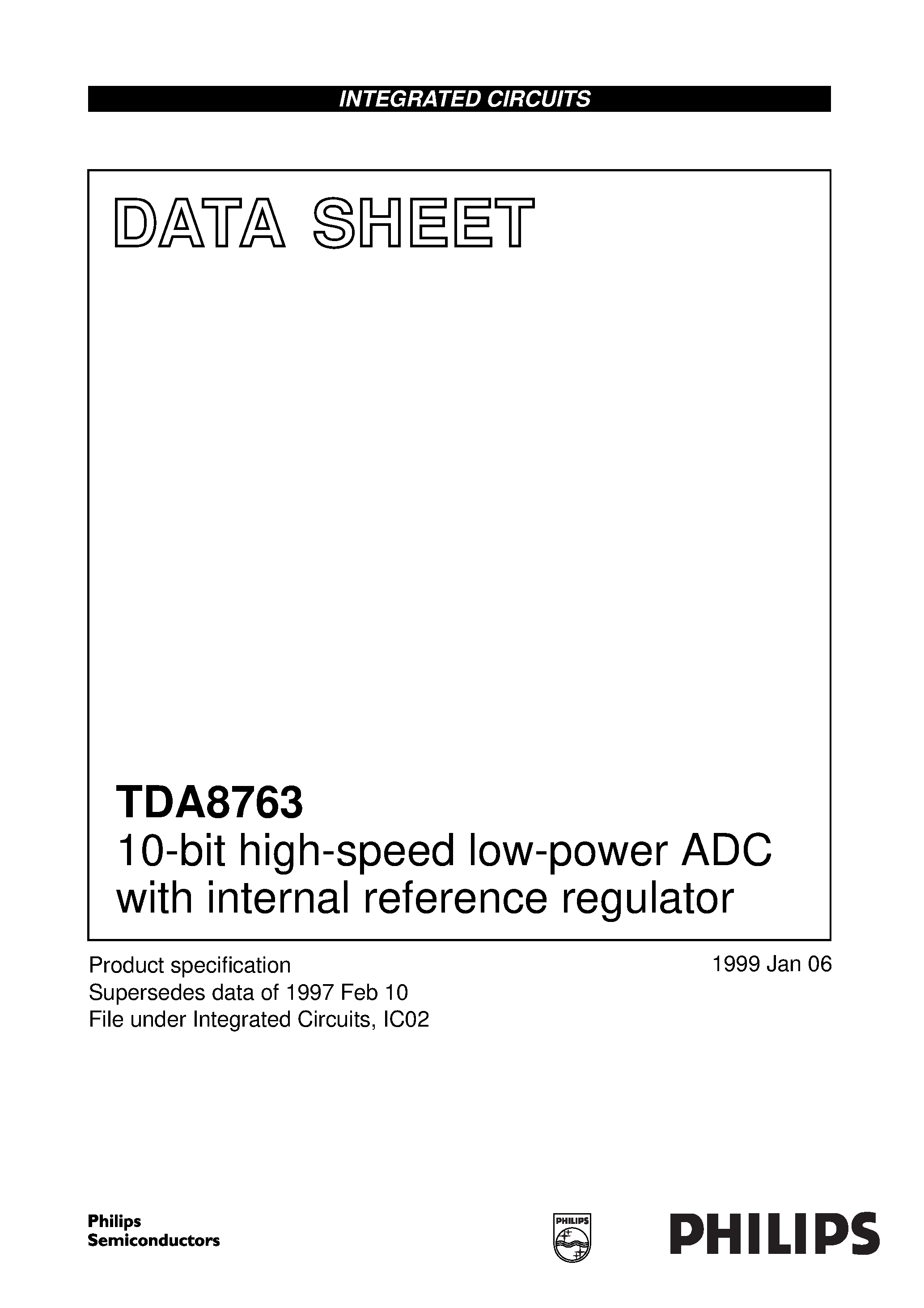 Даташит TDA8763 - 10-bit high-speed low-power ADC with internal reference regulator страница 1