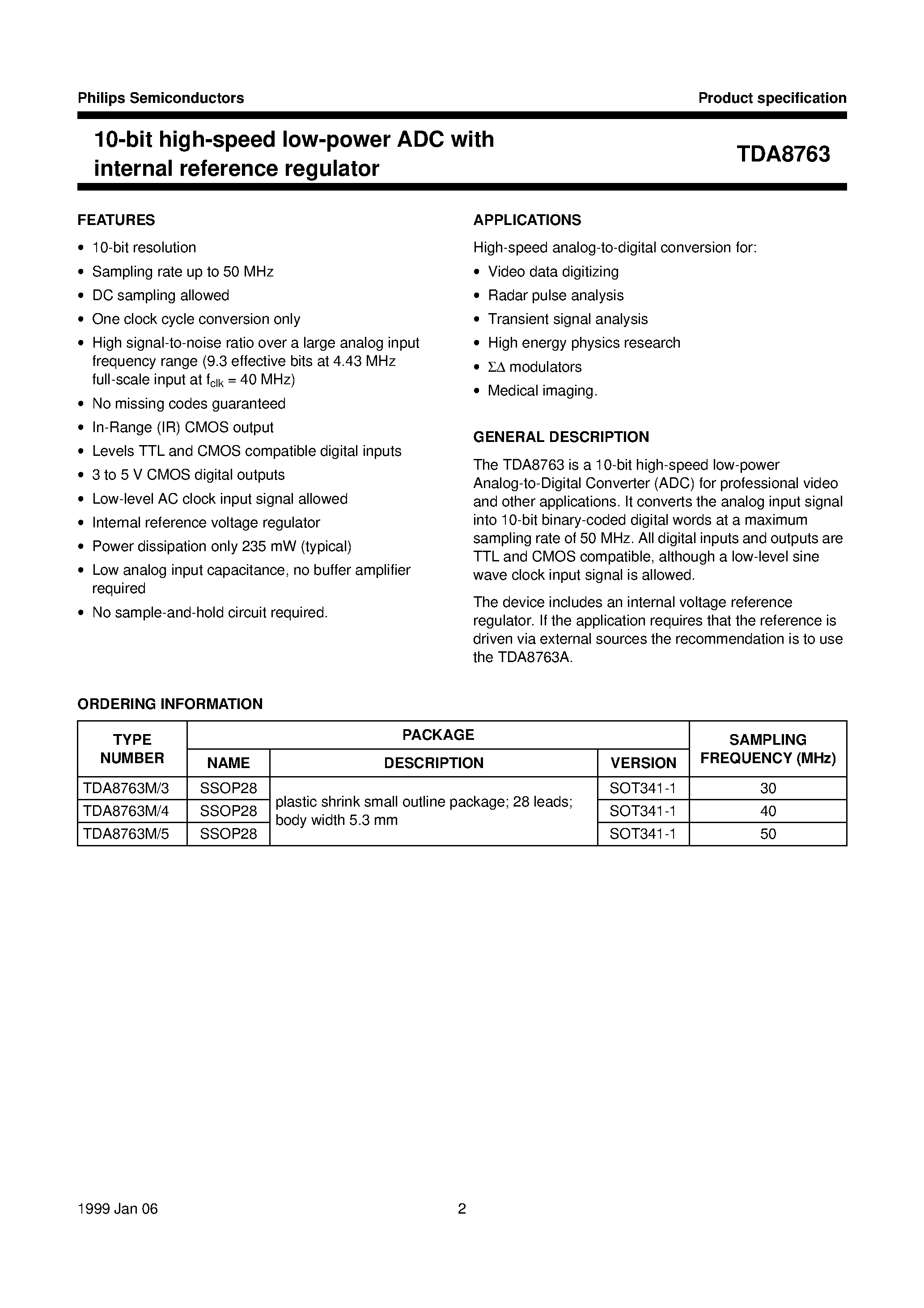 Даташит TDA8763 - 10-bit high-speed low-power ADC with internal reference regulator страница 2