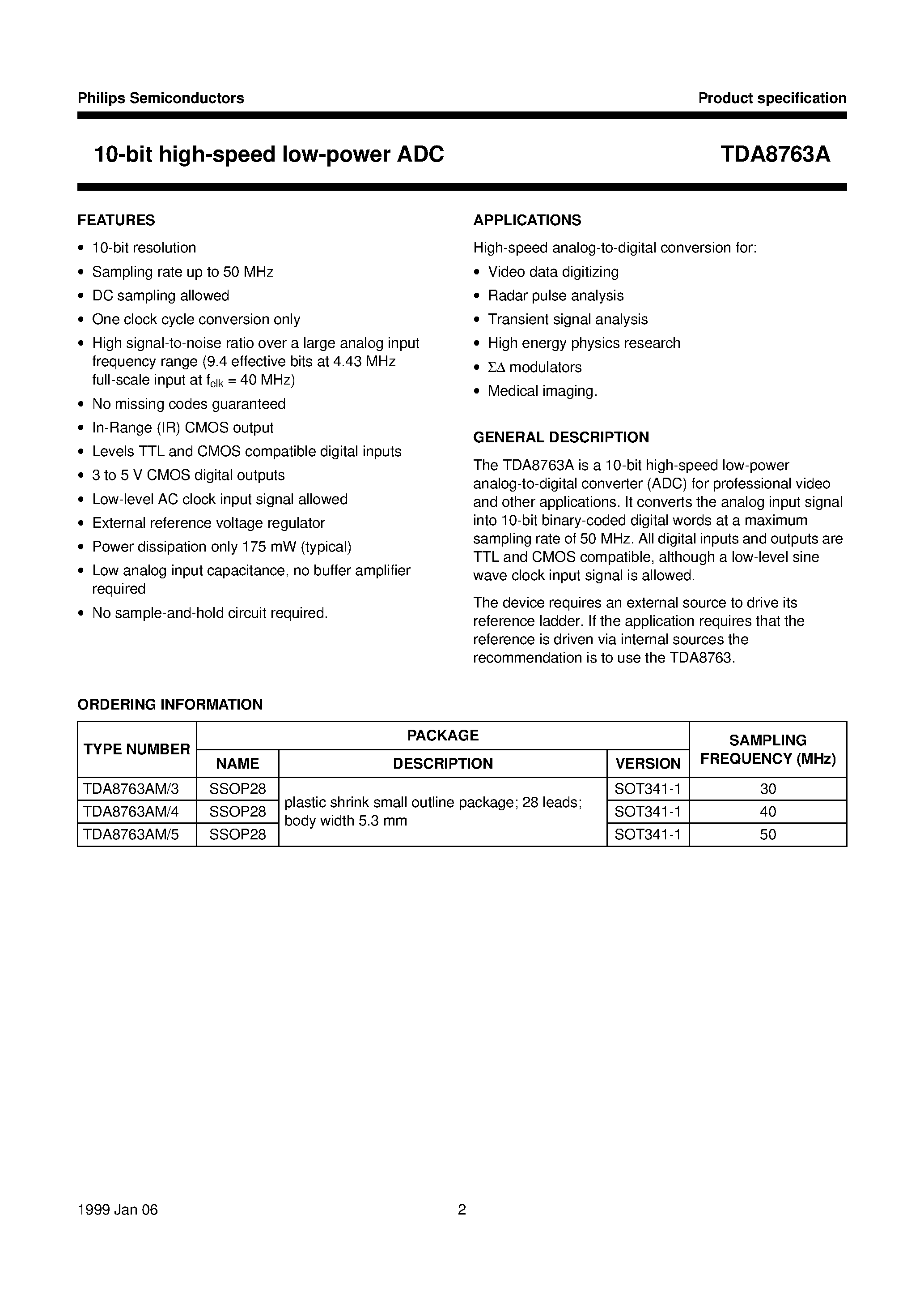 Даташит TDA8763AM - 10-bit high-speed low-power ADC страница 2