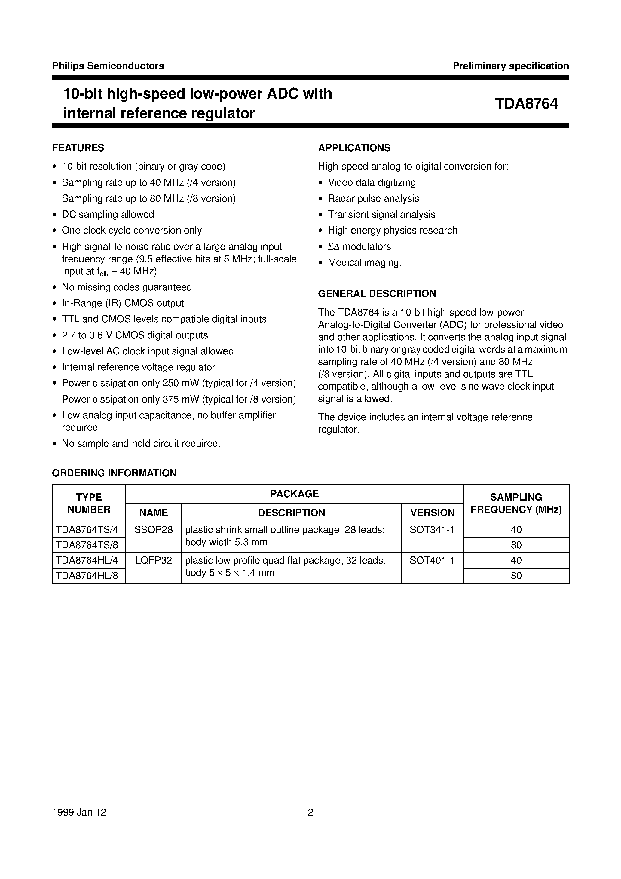 Даташит TDA8764 - 10-bit high-speed low-power ADC with internal reference regulator страница 2