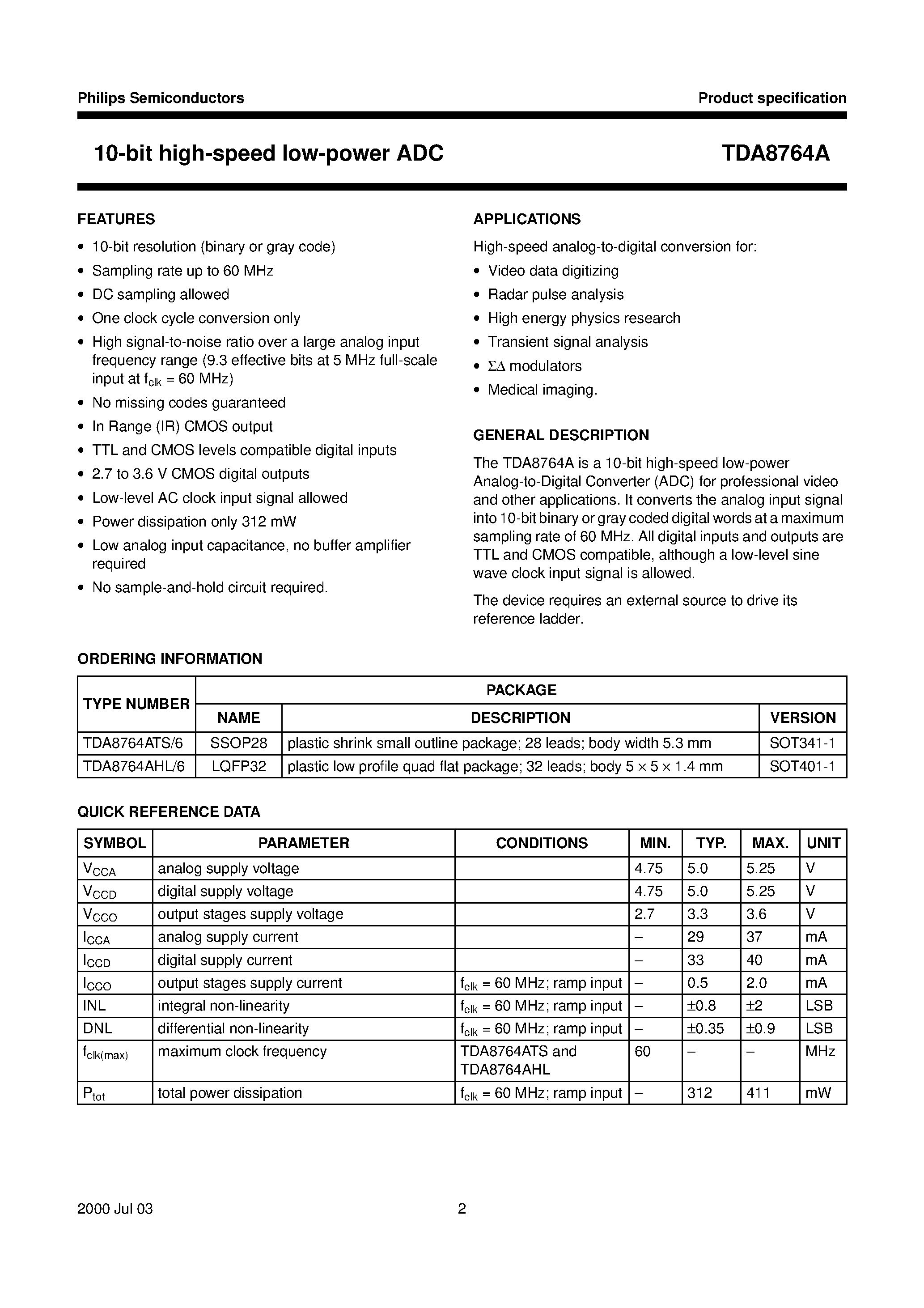 Даташит TDA8764A - 10-bit high-speed low-power ADC страница 2