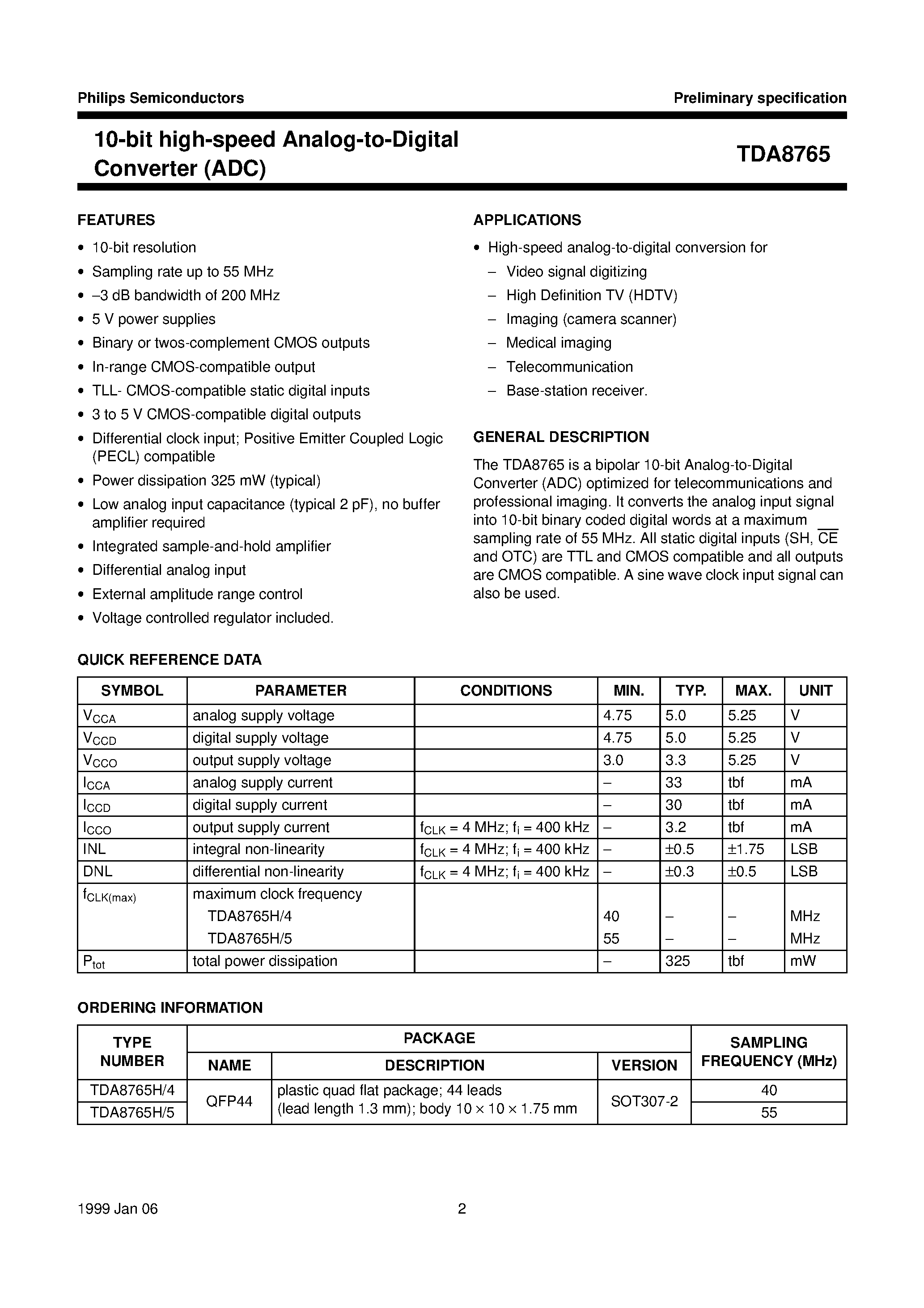Даташит TDA8765 - 10-bit high-speed Analog-to-Digital Converter ADC страница 2