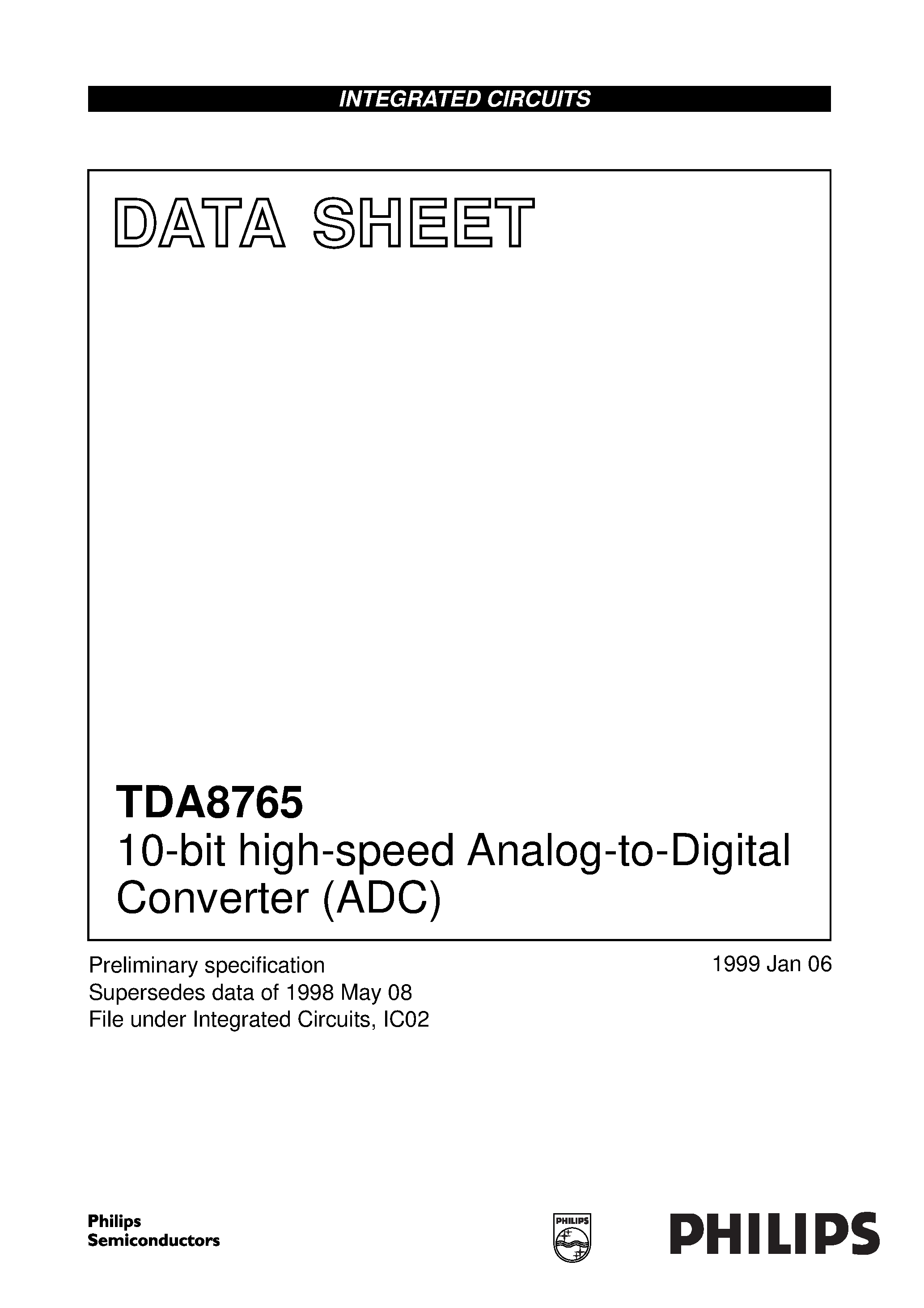 Даташит TDA8765H - 10-bit high-speed Analog-to-Digital Converter ADC страница 1