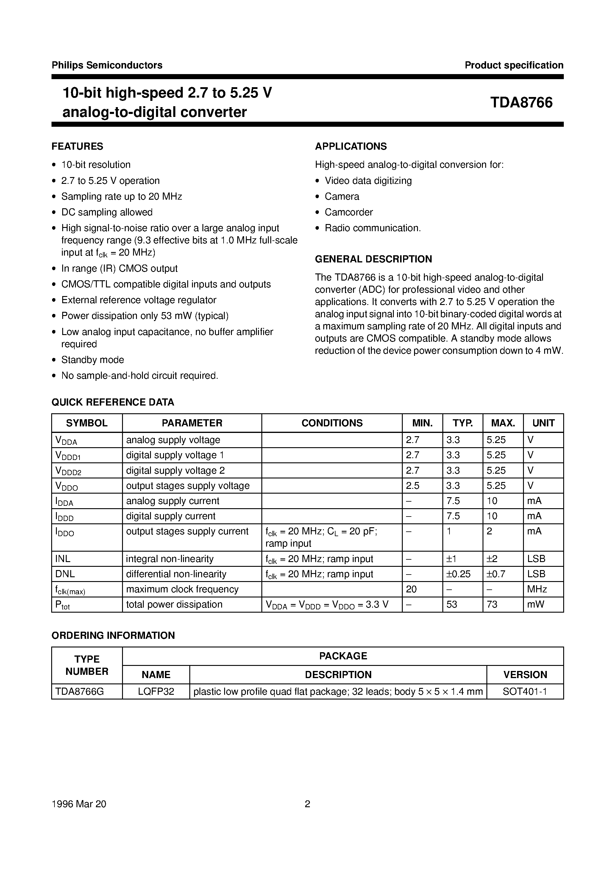Даташит на микросхему TDA8766G страница 2 Даташит TDA8766G - 10-bit high-speed 2.7 to 5.25 V analog-to-digital converter страница 2